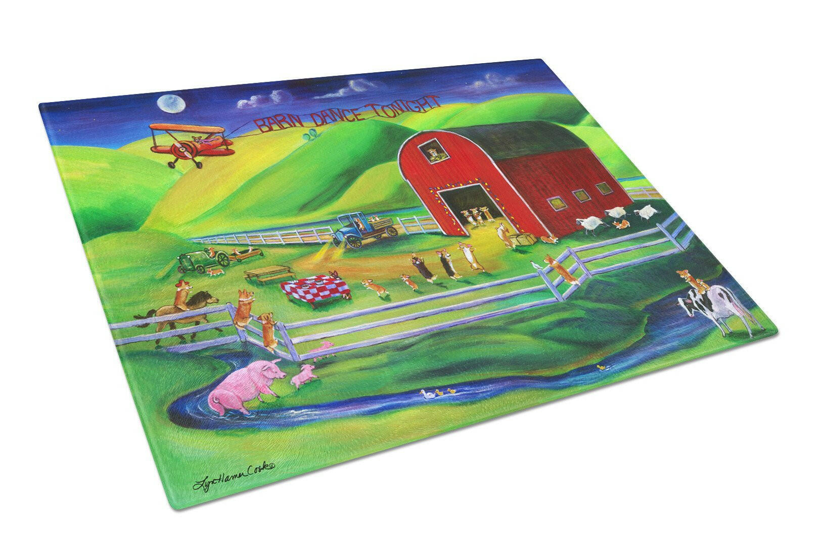 Corgi Barn Dance Cutting Board Tempered Glass Kitchen Cutting Surface, Heat Resistant Chopping, Non-Slip Feet, Food Prep & Serving