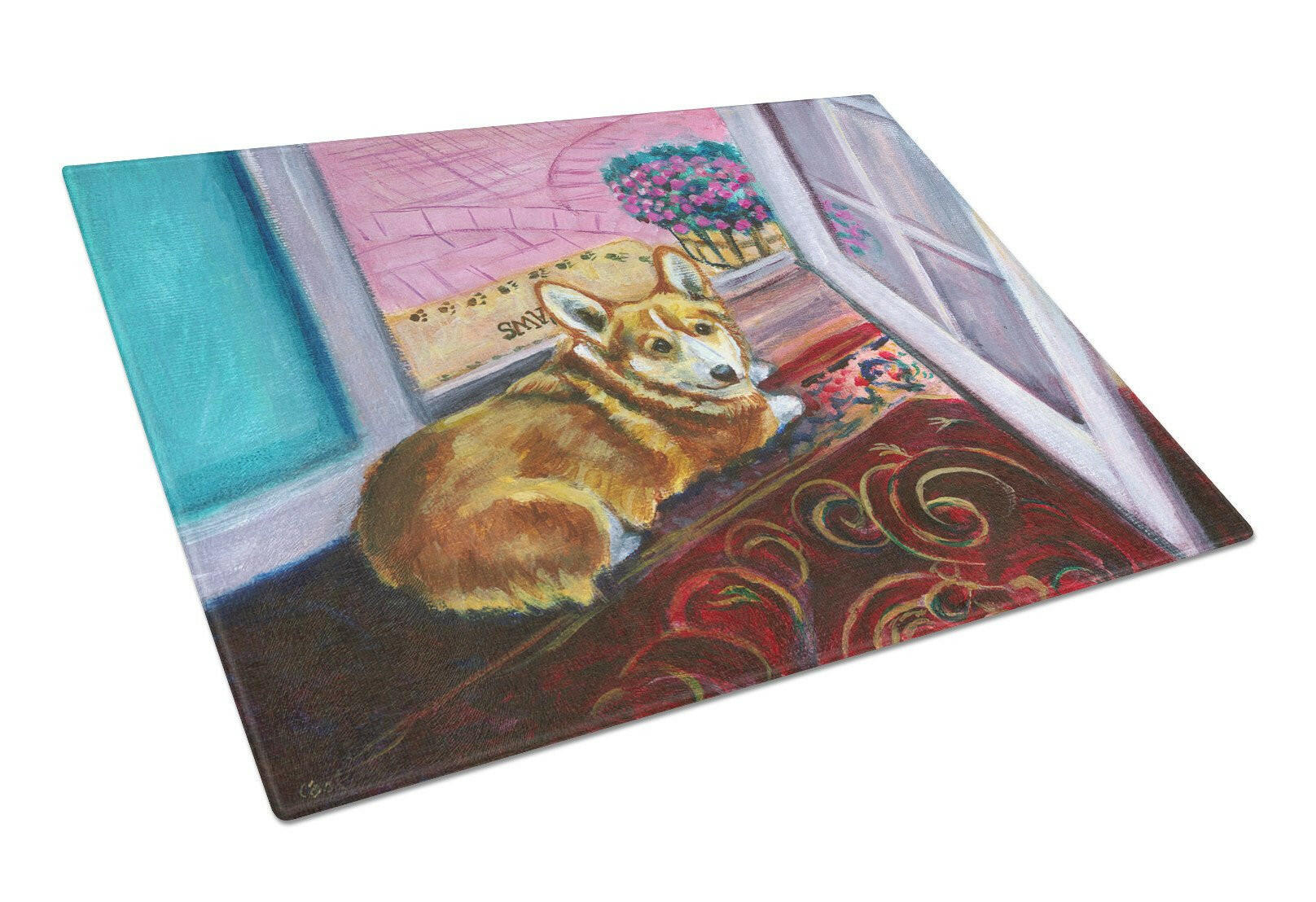 Corgi Watching from the Door Cutting Board Tempered Glass Kitchen Cutting Surface, Heat Resistant Chopping, Non-Slip Feet, Food Prep & Serving