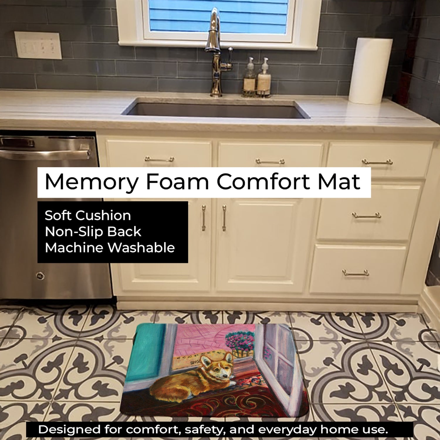 Corgi Watching from the Door Memory Foam Kitchen Mat Machine Washable Anti-Fatigue Cushion Comfort Bath or Kitchen Rug