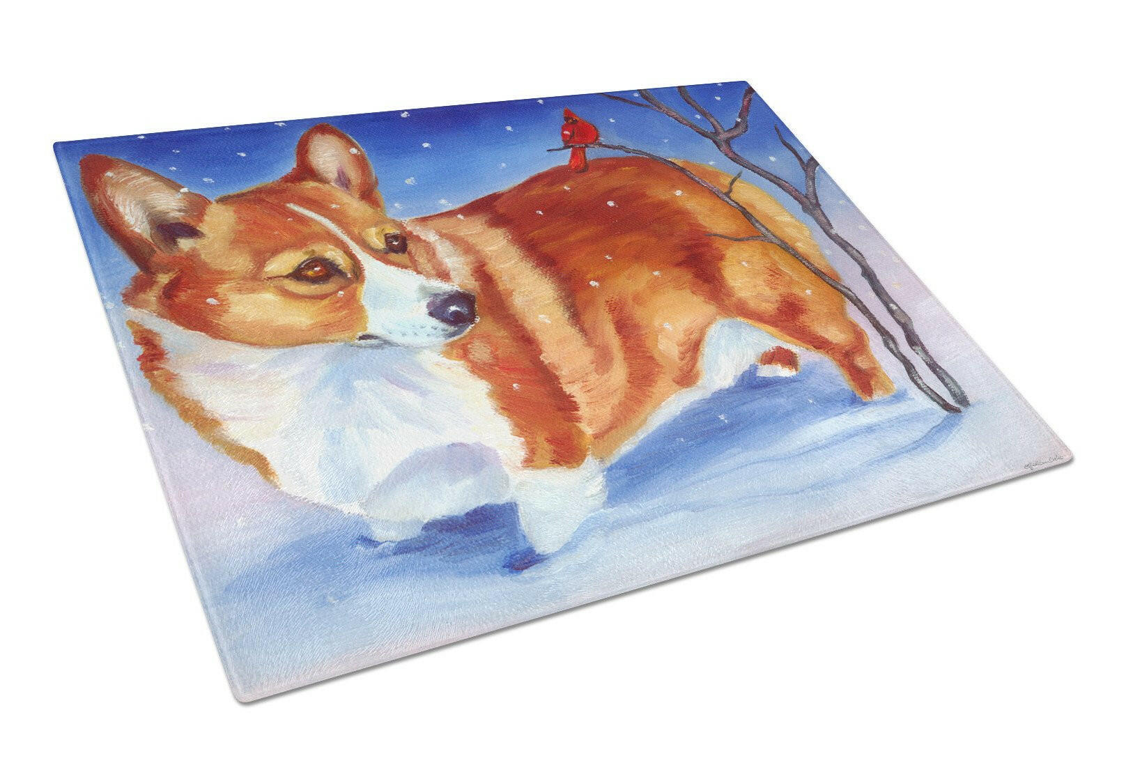 Corgi Cardinal Buddy Cutting Board Tempered Glass Kitchen Cutting Surface, Heat Resistant Chopping, Non-Slip Feet, Food Prep & Serving