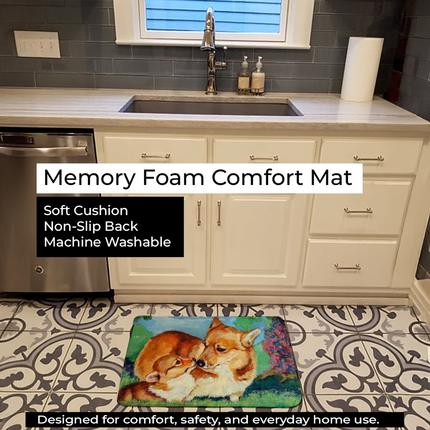 Corgi Momma's Love Memory Foam Kitchen Mat Machine Washable Anti-Fatigue Cushion Comfort Bath or Kitchen Rug