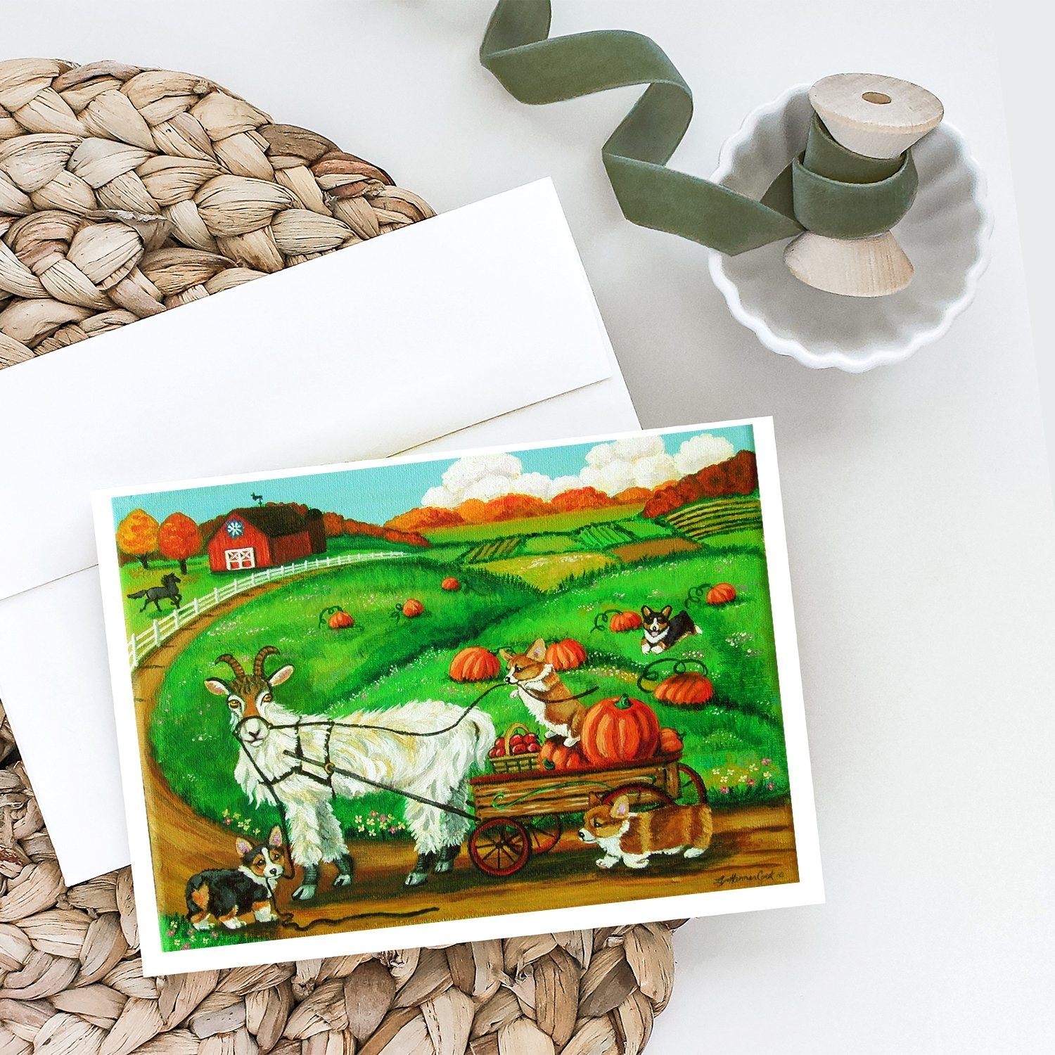 Corgi Pumpkin Ride with Goat Greeting Cards Pack of 8 Blank Cards with Envelopes Whimsical A7 Size 5x7