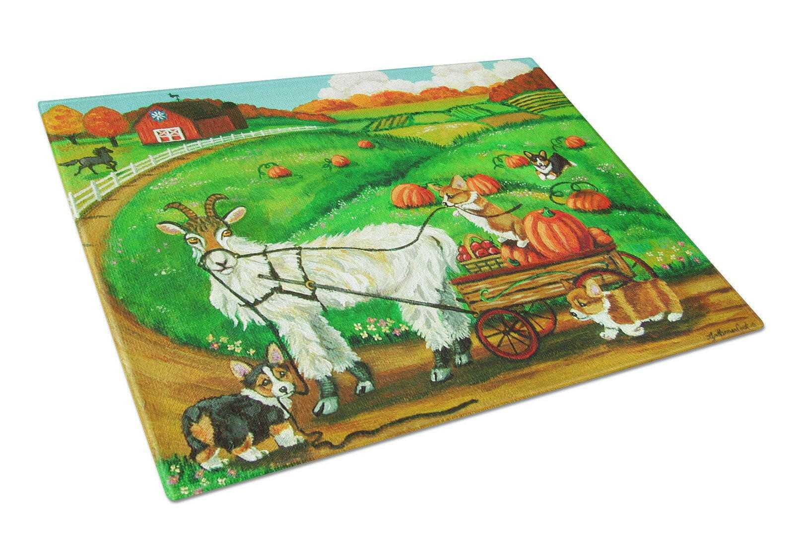 Corgi Pumpkin Ride with Goat Cutting Board Tempered Glass Kitchen Cutting Surface, Heat Resistant Chopping, Non-Slip Feet, Food Prep & Serving