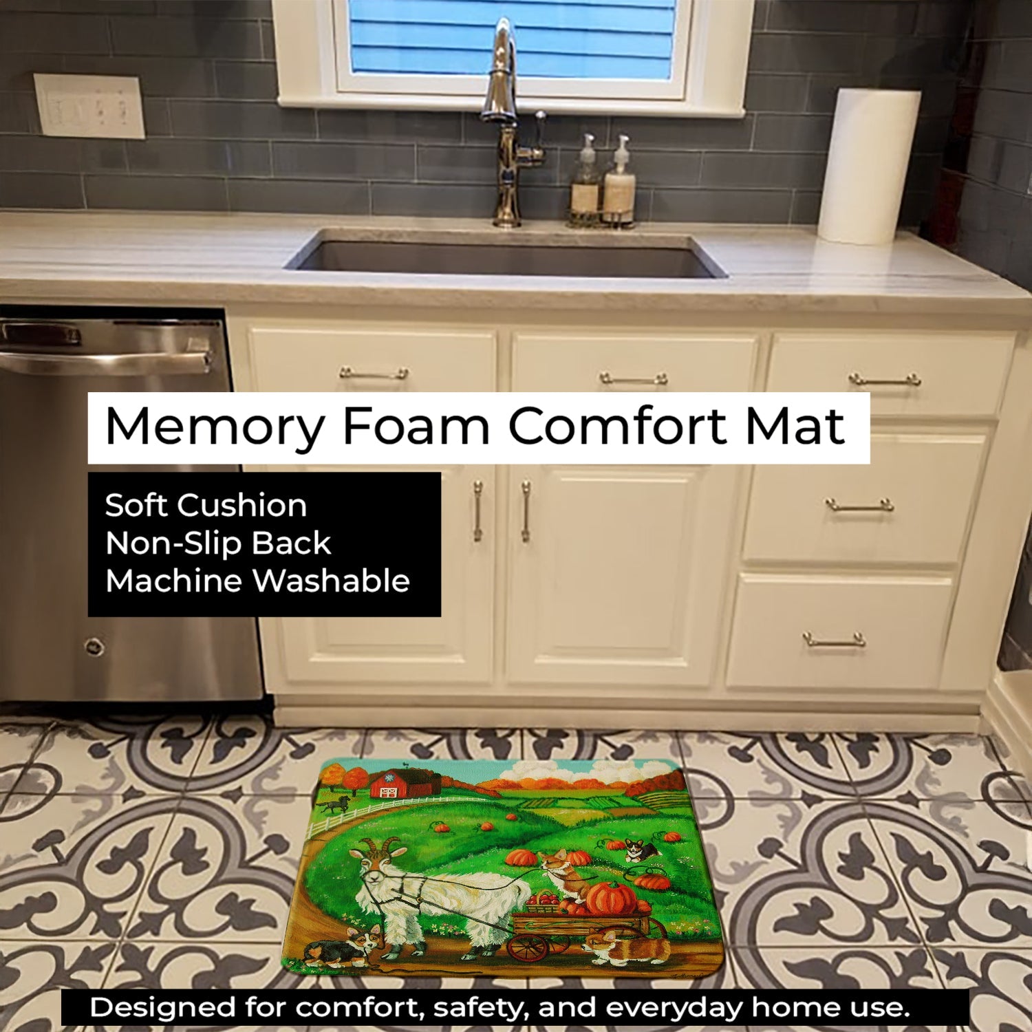 Corgi Pumpkin Ride with Goat Memory Foam Kitchen Mat Machine Washable Anti-Fatigue Cushion Comfort Bath or Kitchen Rug
