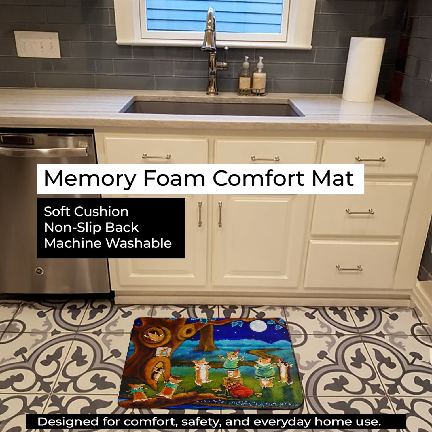 Corgi Robin Hood Memory Foam Kitchen Mat Machine Washable Anti-Fatigue Cushion Comfort Bath or Kitchen Rug