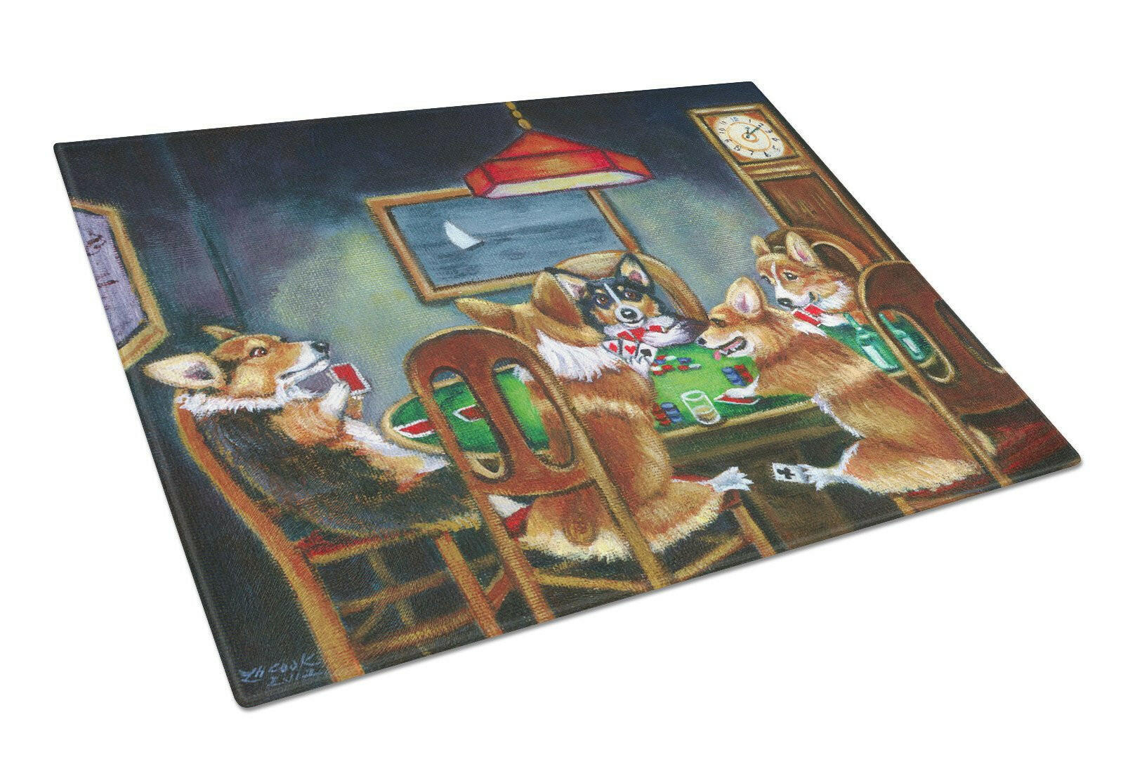 Corgi Playing Poker Cutting Board Tempered Glass Kitchen Cutting Surface, Heat Resistant Chopping, Non-Slip Feet, Food Prep & Serving