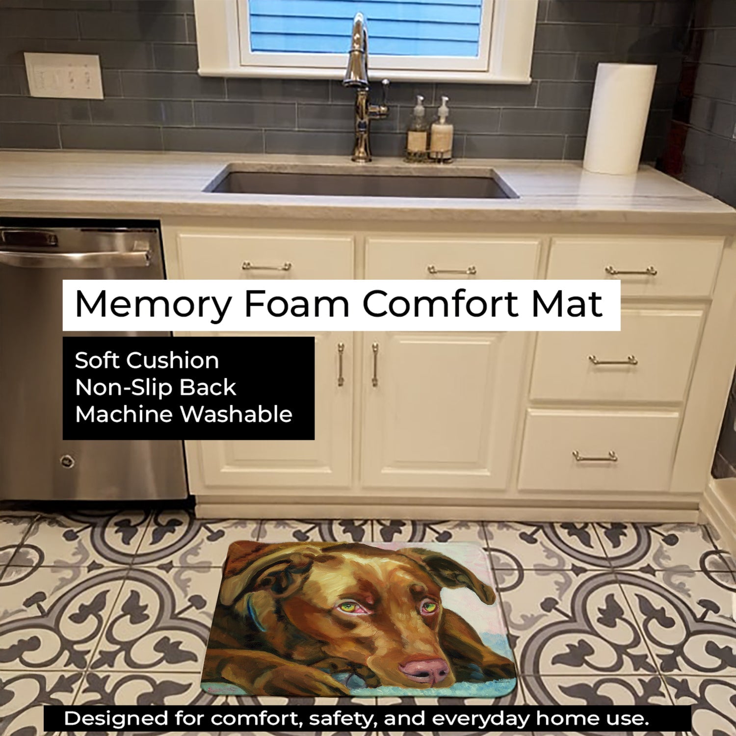 Chocolate Labrador Waiting Memory Foam Kitchen Mat Machine Washable Anti-Fatigue Cushion Comfort Bath or Kitchen Rug