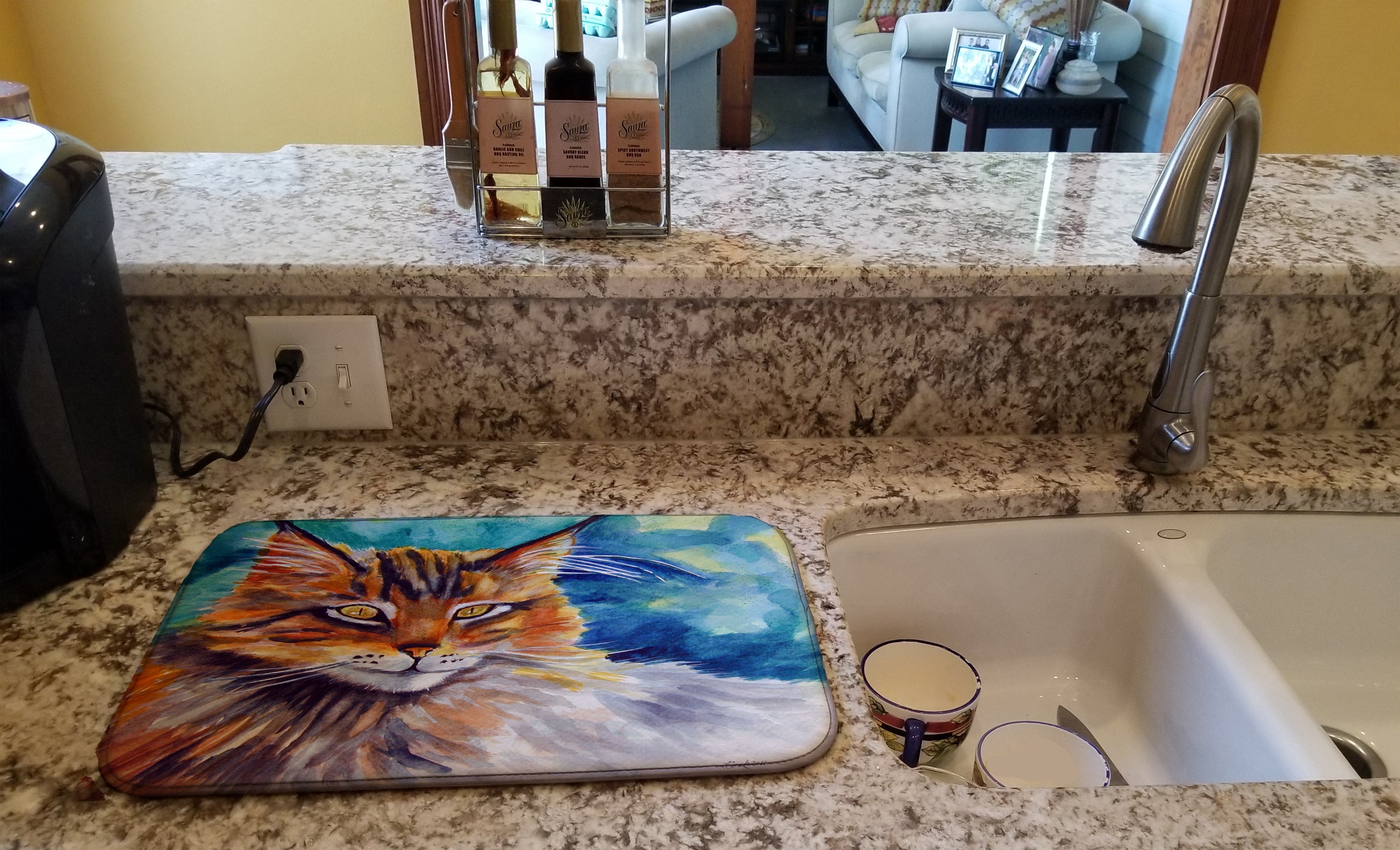 Maine Coon Cat Watching you Dish Drying Mat Absorbent Dish Drying Mat Pad for Kitchen Counter Dish Drainer Mat for Countertop, 14 x 21", Multicolor