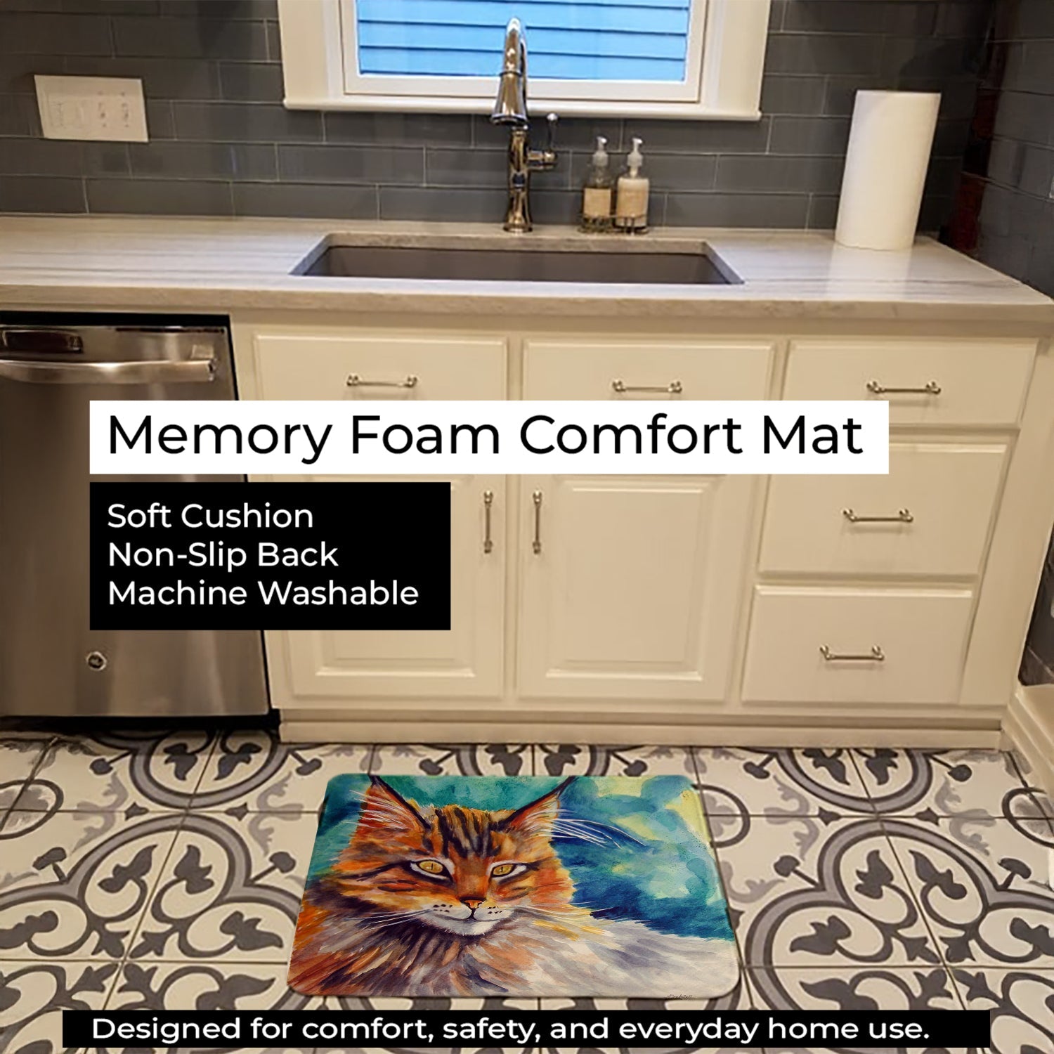 Maine Coon Cat Watching you Memory Foam Kitchen Mat Machine Washable Anti-Fatigue Cushion Comfort Bath or Kitchen Rug
