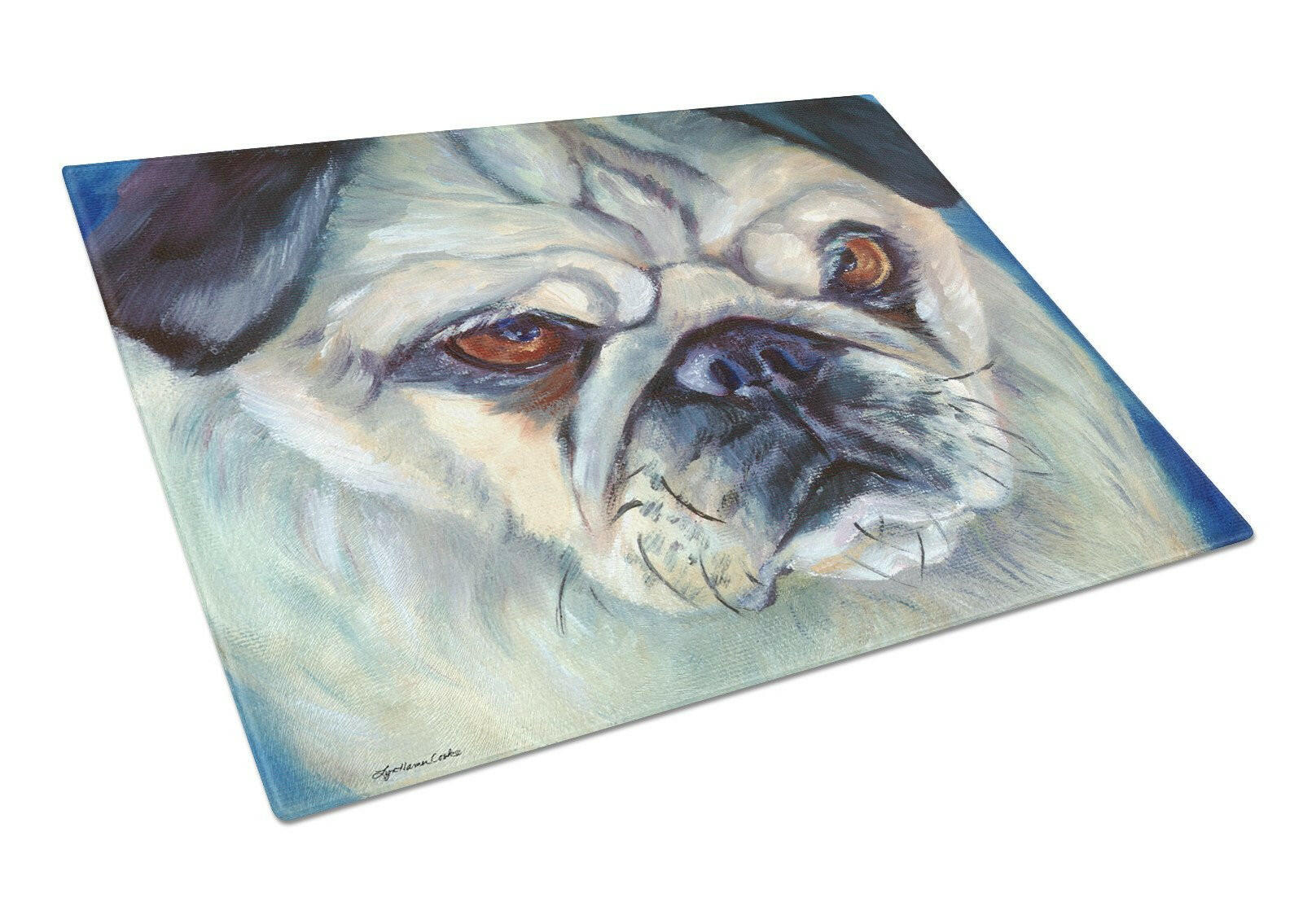 Pug in Thought Cutting Board Tempered Glass Kitchen Cutting Surface, Heat Resistant Chopping, Non-Slip Feet, Food Prep & Serving
