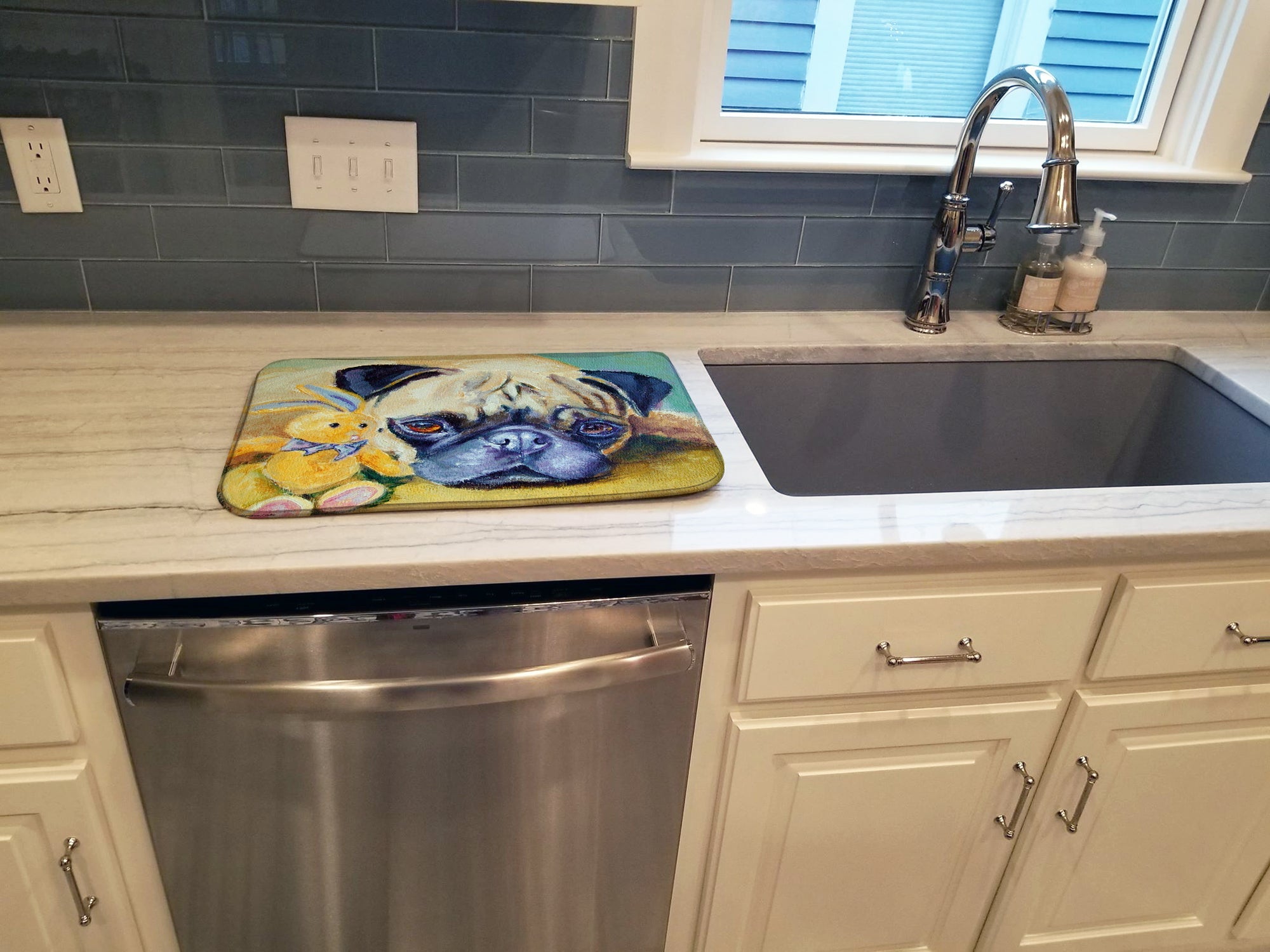 Pug Bunny Rabbit Dish Drying Mat Absorbent Dish Drying Mat Pad for Kitchen Counter Dish Drainer Mat for Countertop, 14 x 21", Multicolor