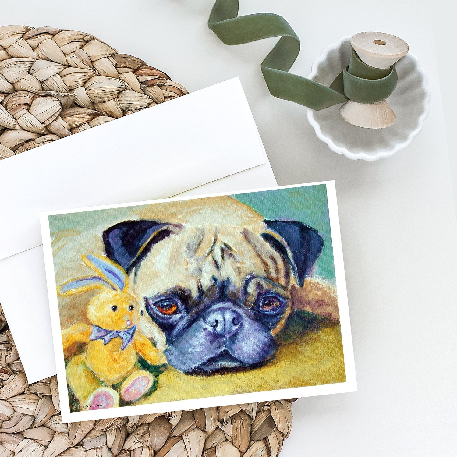 Pug Bunny Rabbit Greeting Cards Pack of 8 Blank Cards with Envelopes Whimsical A7 Size 5x7