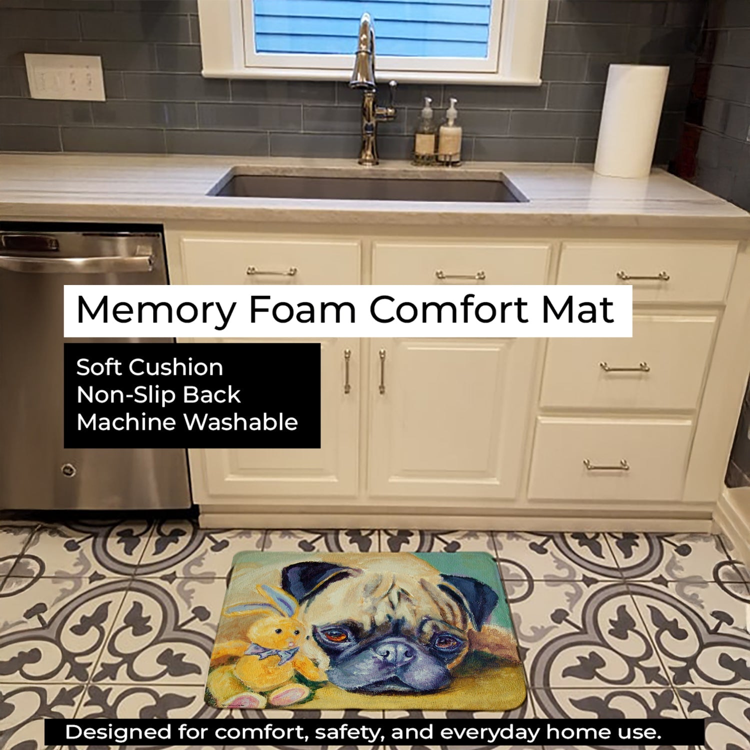 Pug Bunny Rabbit Memory Foam Kitchen Mat Machine Washable Anti-Fatigue Cushion Comfort Bath or Kitchen Rug
