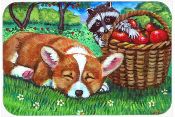 Corgi with the Racoon Apple Thief Cutting Board Tempered Glass Kitchen Cutting Surface, Heat Resistant Chopping, Non-Slip Feet, Food Prep & Serving