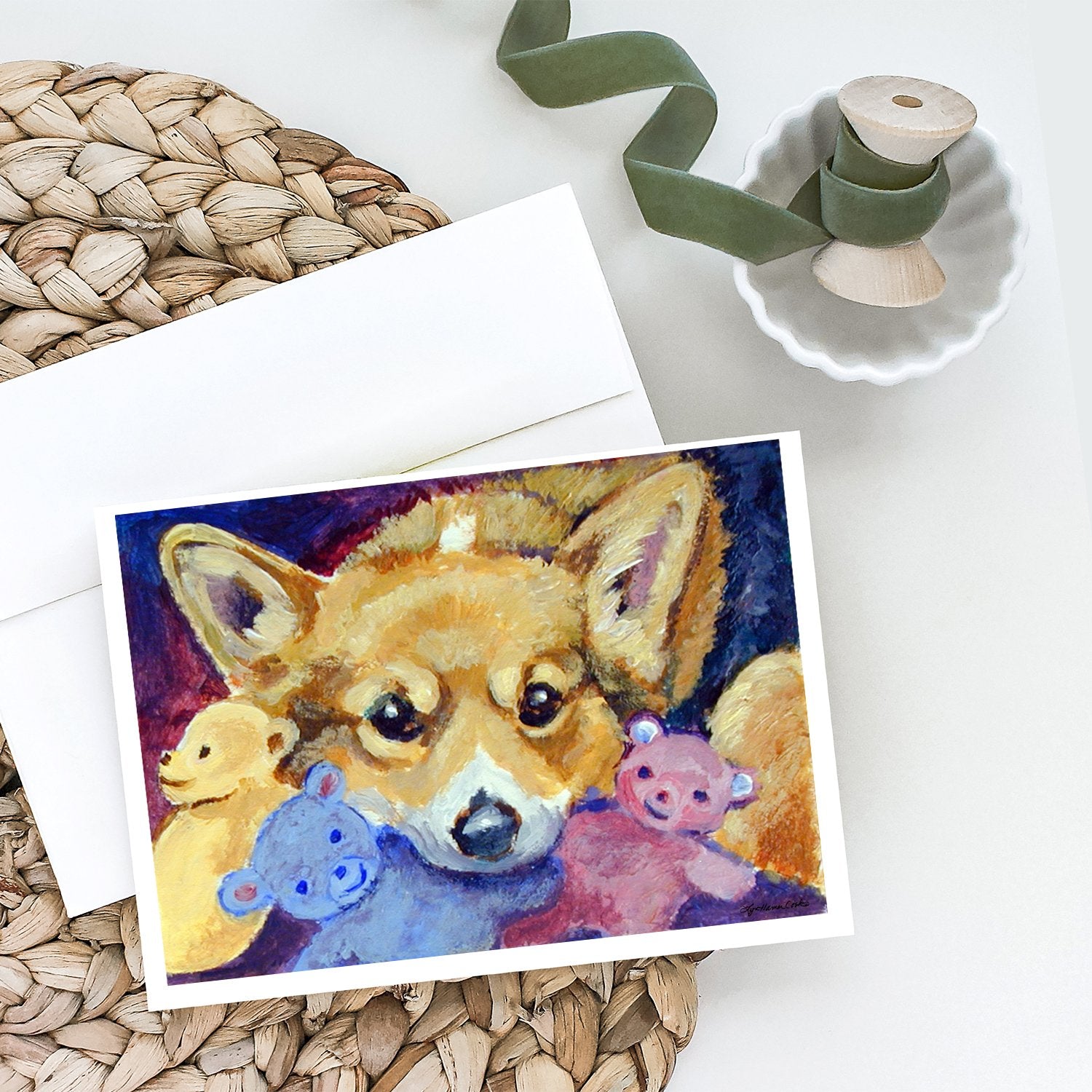Corgi with all the toys Greeting Cards Pack of 8 Blank Cards with Envelopes Whimsical A7 Size 5x7