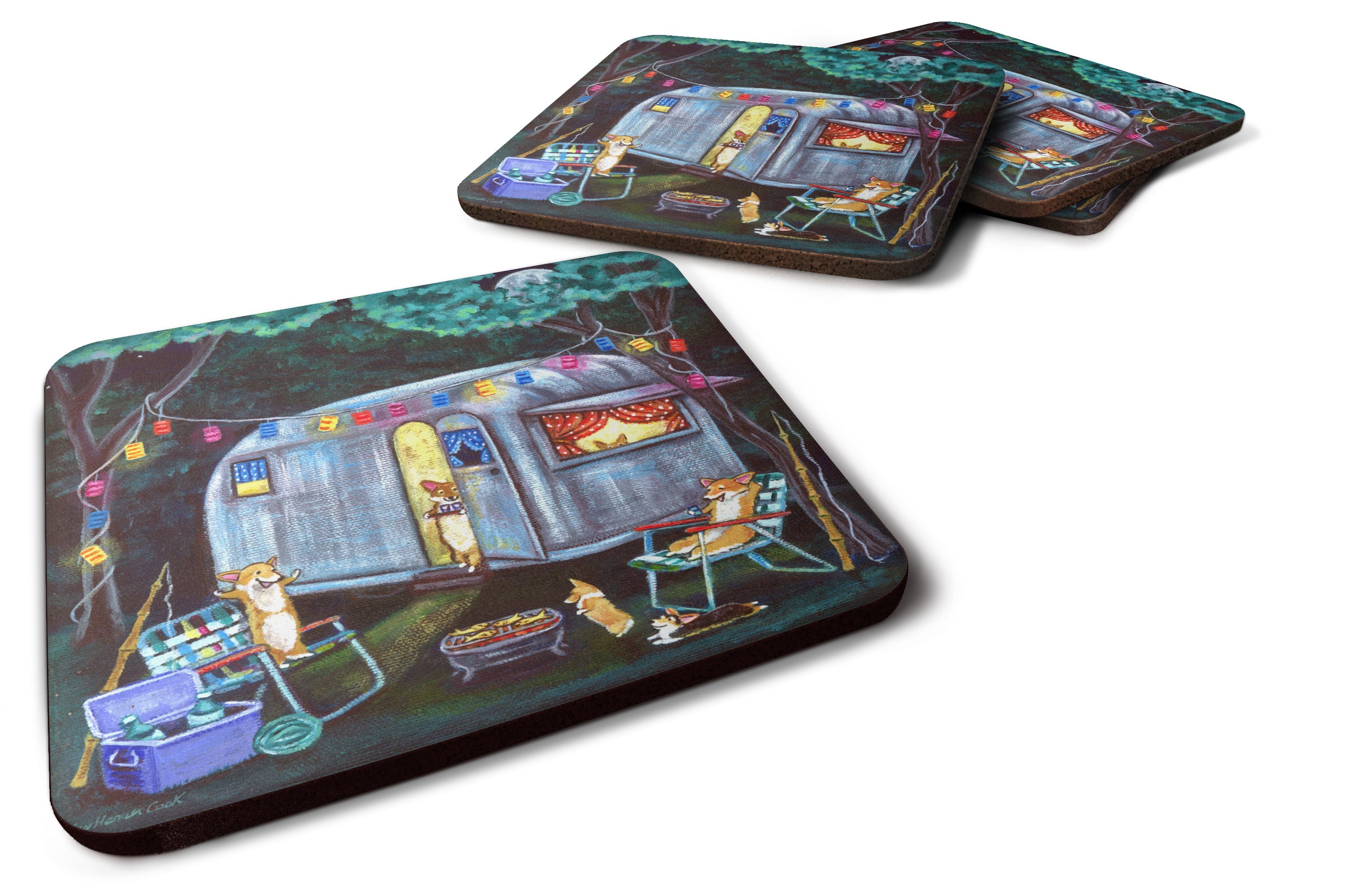 Corgi Glamping Fish Tales Trailer Foam Coasters Set of 4 Cup Coasters for Indoor Outdoor, Tabletop Protection, Anti Slip, Mouse pad Material