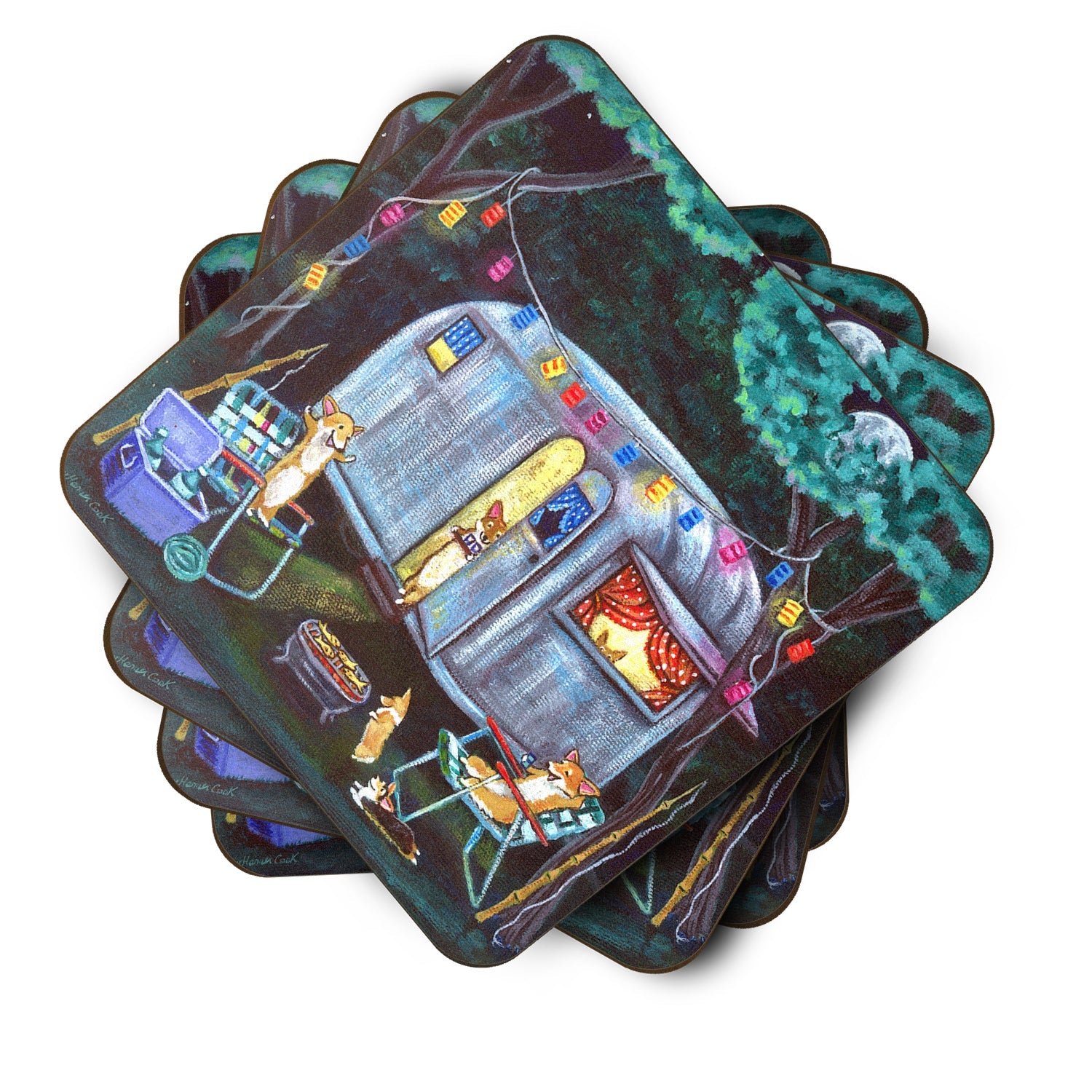 Corgi Glamping Fish Tales Trailer Foam Coasters Set of 4 Cup Coasters for Indoor Outdoor, Tabletop Protection, Anti Slip, Mouse pad Material