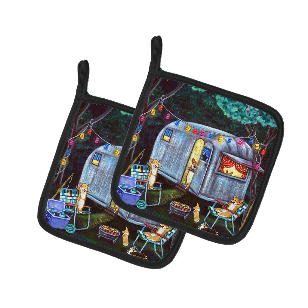 Corgi Glamping Fish Tales Trailer Pot Holder Set of 2 Heat Resistant Quilted Hot Pads 7.5 x 7.5 Inch, Insulated Kitchen Trivets for Cooking & Baking