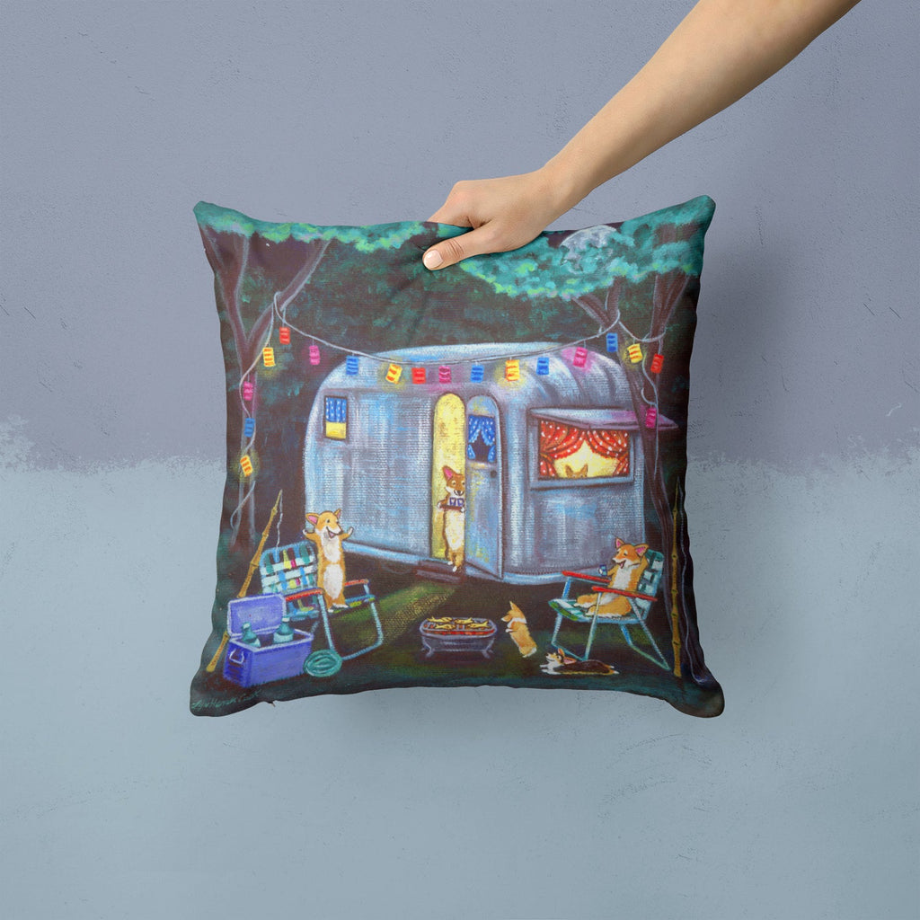 Corgi Glamping Fish Tales Trailer Decorative Throw Pillow 14x14 Indoor Outdoor Accent Cushion, Fabric Cover with Insert for Sofa, Bed, Porch & Living Room