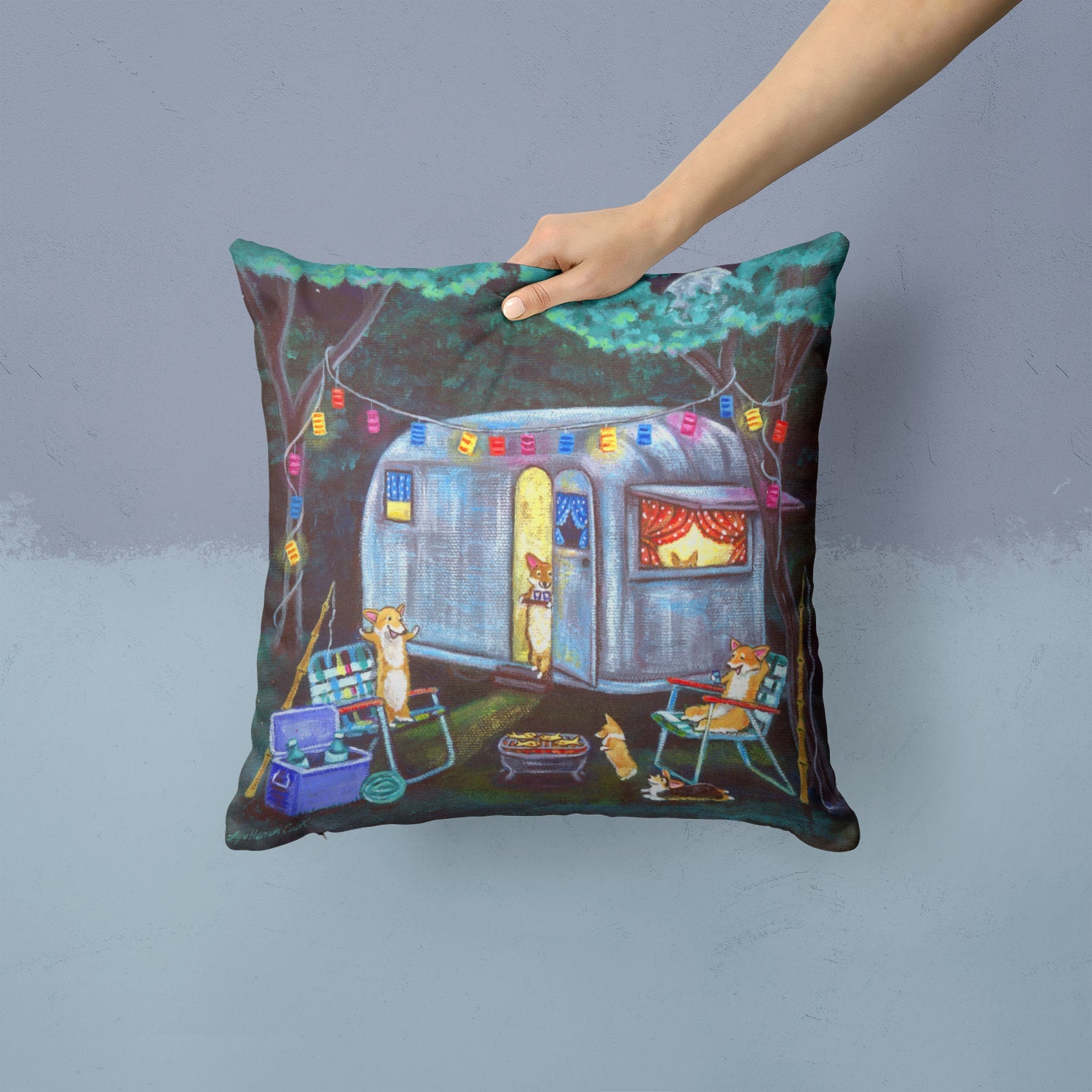 Corgi Glamping Fish Tales Trailer Decorative Throw Pillow 14x14 Indoor Outdoor Accent Cushion, Fabric Cover with Insert for Sofa, Bed, Porch & Living Room