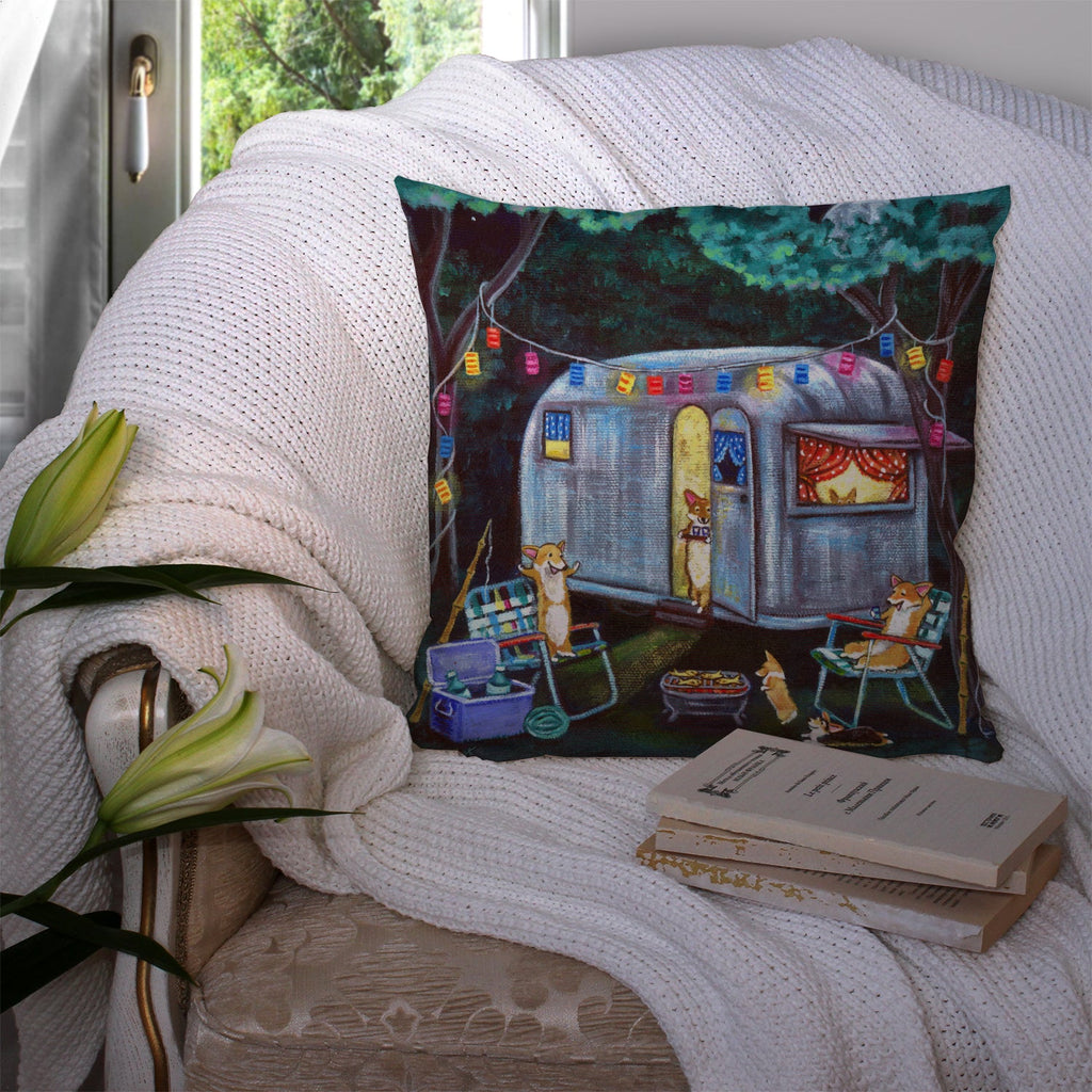Corgi Glamping Fish Tales Trailer Decorative Throw Pillow 14x14 Indoor Outdoor Accent Cushion, Fabric Cover with Insert for Sofa, Bed, Porch & Living Room