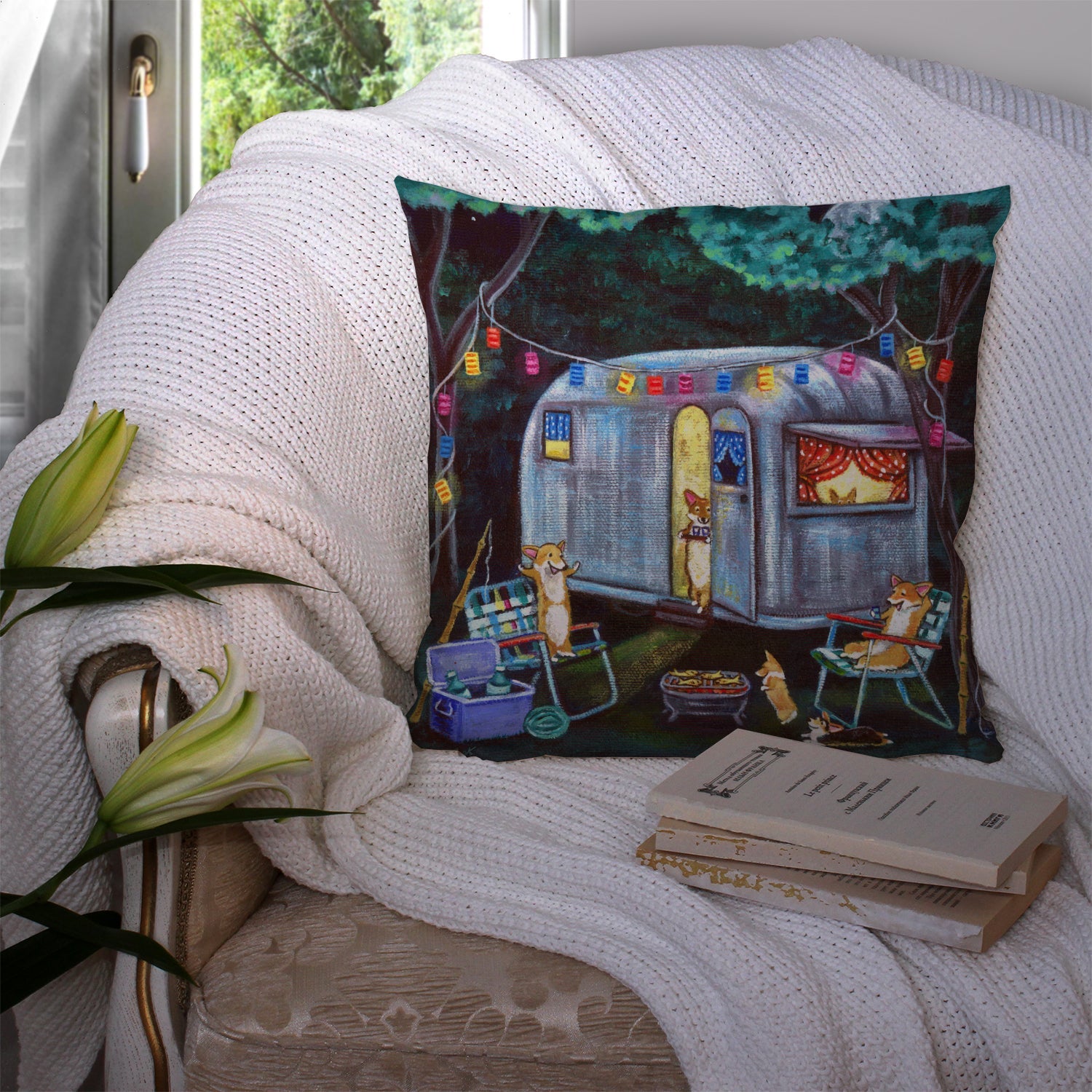 Corgi Glamping Fish Tales Trailer Decorative Throw Pillow 14x14 Indoor Outdoor Accent Cushion, Fabric Cover with Insert for Sofa, Bed, Porch & Living Room
