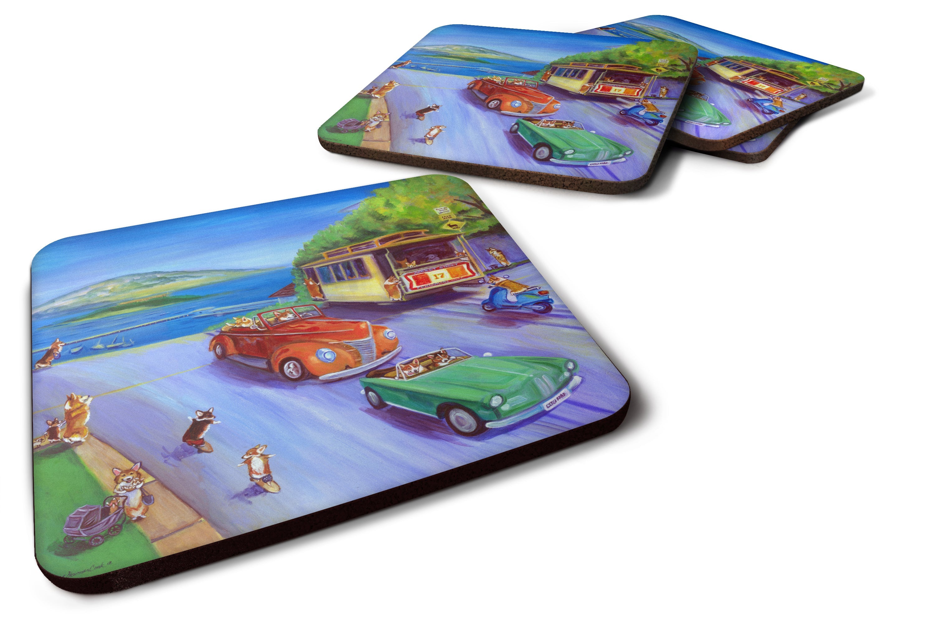 Corgi Hyde Park Foam Coasters Set of 4 Cup Coasters for Indoor Outdoor, Tabletop Protection, Anti Slip, Mouse pad Material