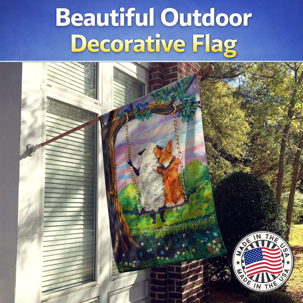 Corgi With Sheep Love Grows House Flag 28x40 Porch Sleeve Pole Decorative Outside Yard Banner Artwork Wall Hanging, Polyester