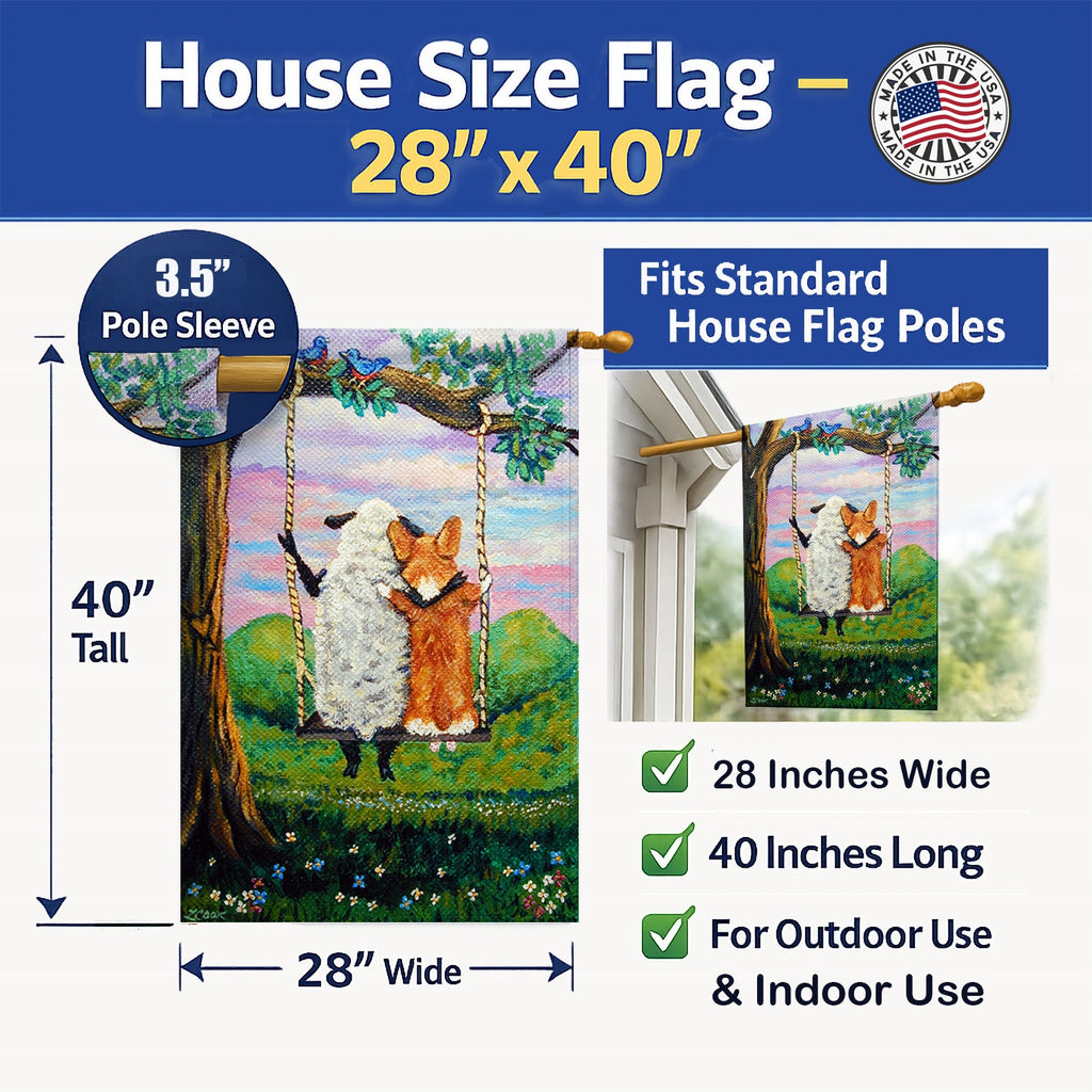 Corgi With Sheep Love Grows House Flag 28x40 Porch Sleeve Pole Decorative Outside Yard Banner Artwork Wall Hanging, Polyester