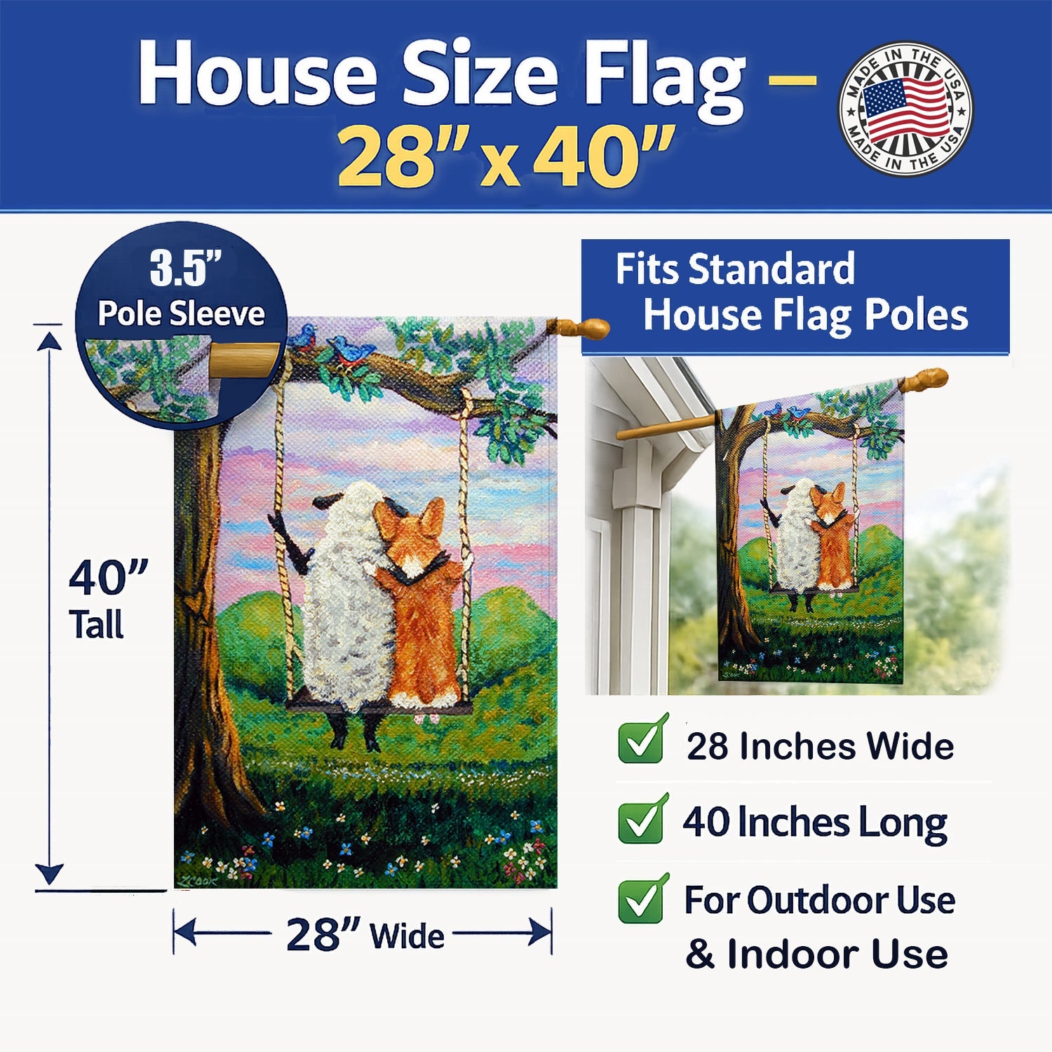 Corgi With Sheep Love Grows House Flag 28x40 Porch Sleeve Pole Decorative Outside Yard Banner Artwork Wall Hanging, Polyester