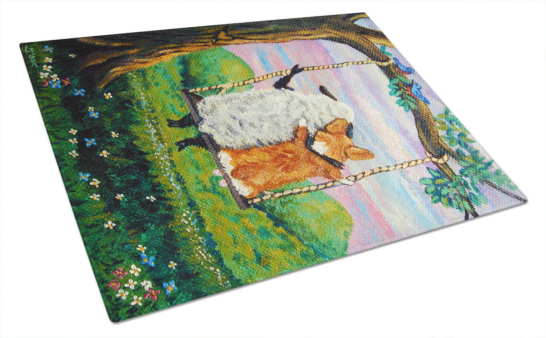 Corgi With Sheep Love Grows Cutting Board Tempered Glass Kitchen Cutting Surface, Heat Resistant Chopping, Non-Slip Feet, Food Prep & Serving