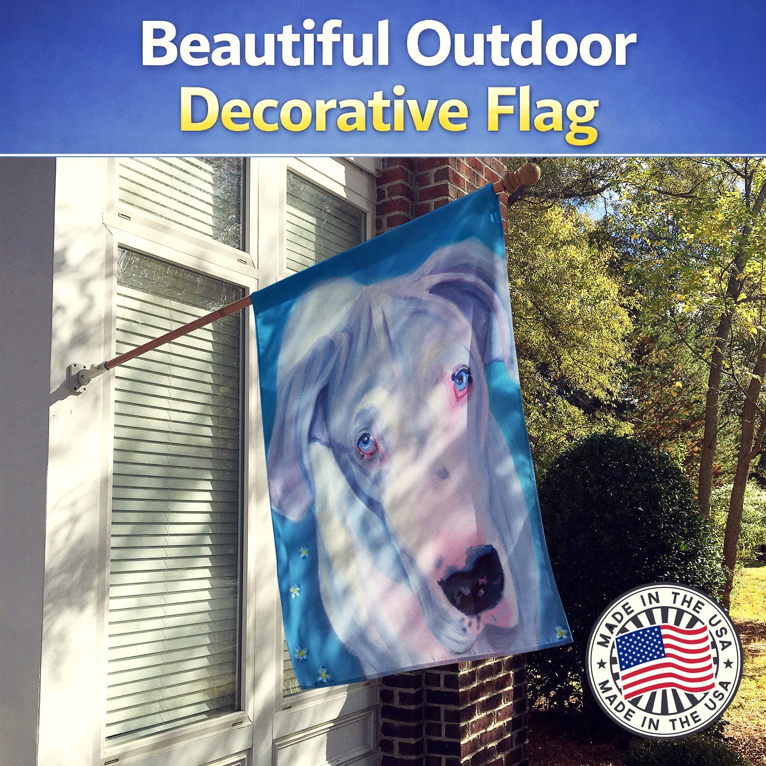 White Great Dane House Flag 28x40 Porch Sleeve Pole Decorative Outside Yard Banner Artwork Wall Hanging, Polyester