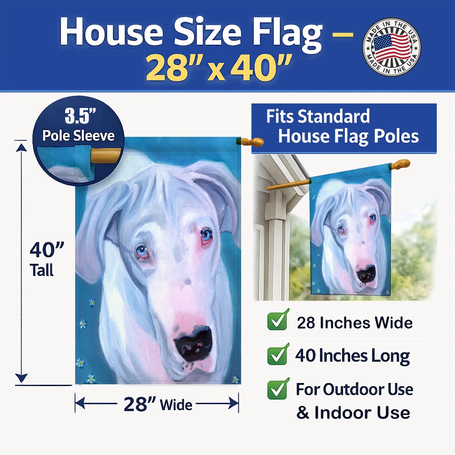 White Great Dane House Flag 28x40 Porch Sleeve Pole Decorative Outside Yard Banner Artwork Wall Hanging, Polyester
