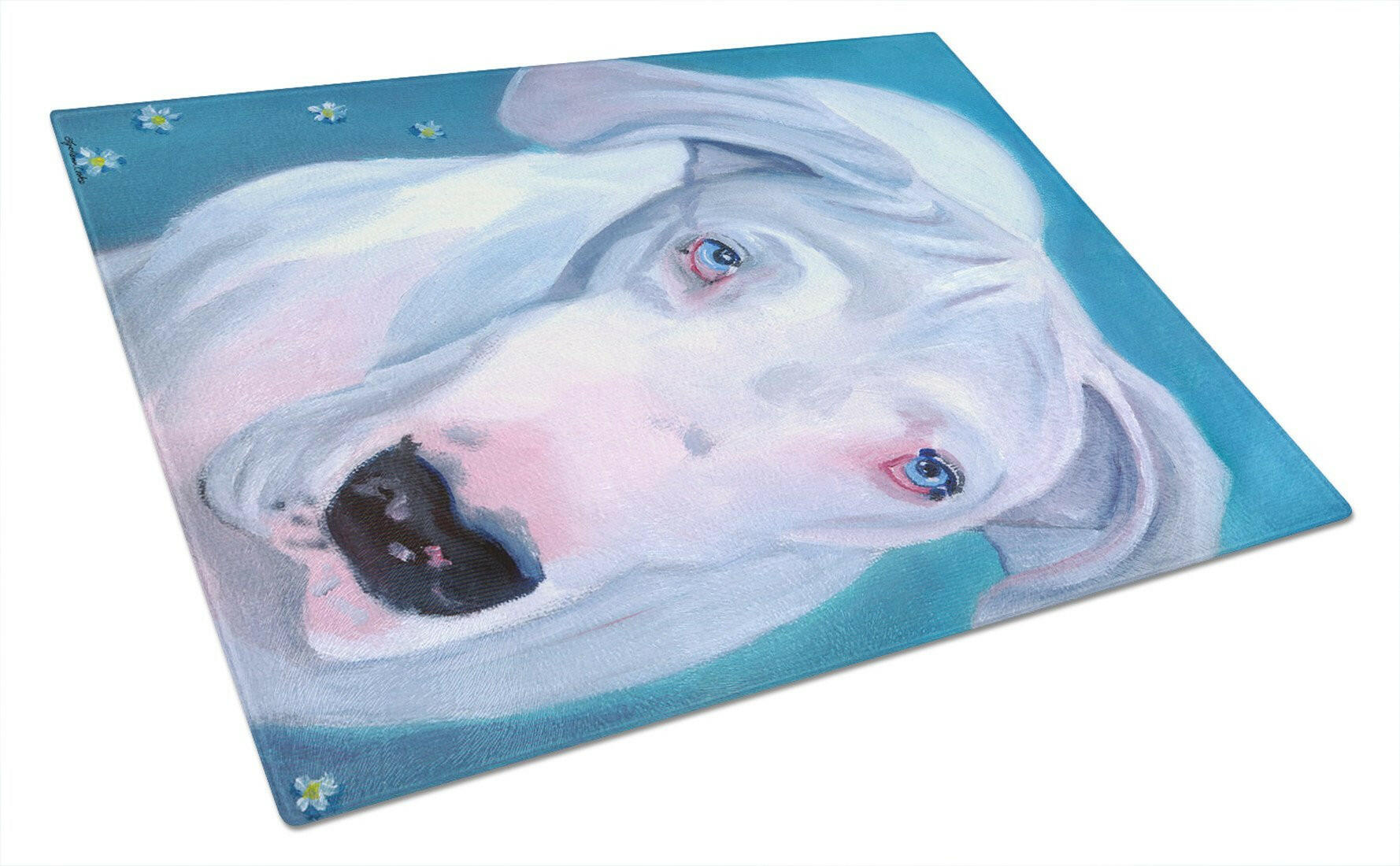 White Great Dane Cutting Board Tempered Glass Kitchen Cutting Surface, Heat Resistant Chopping, Non-Slip Feet, Food Prep & Serving