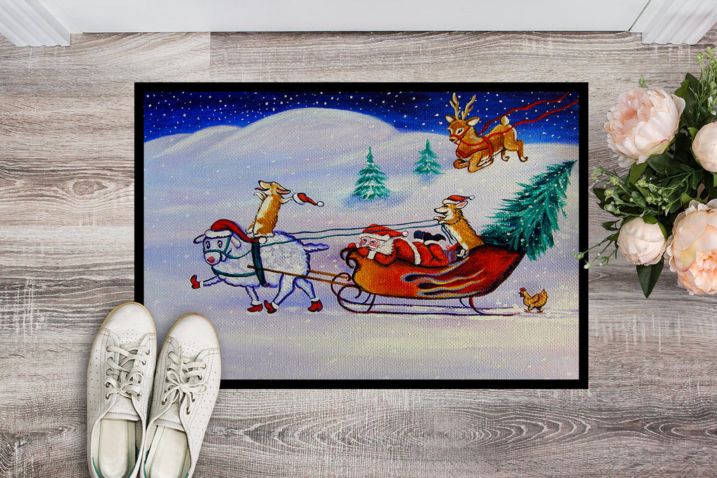 Corgi Highhacked Santa Claus Sleigh Doormat Indoor Outdoor 24H X 36W Front Door Mat Rugs for Entryway, Non Slip Washable Low Pile,