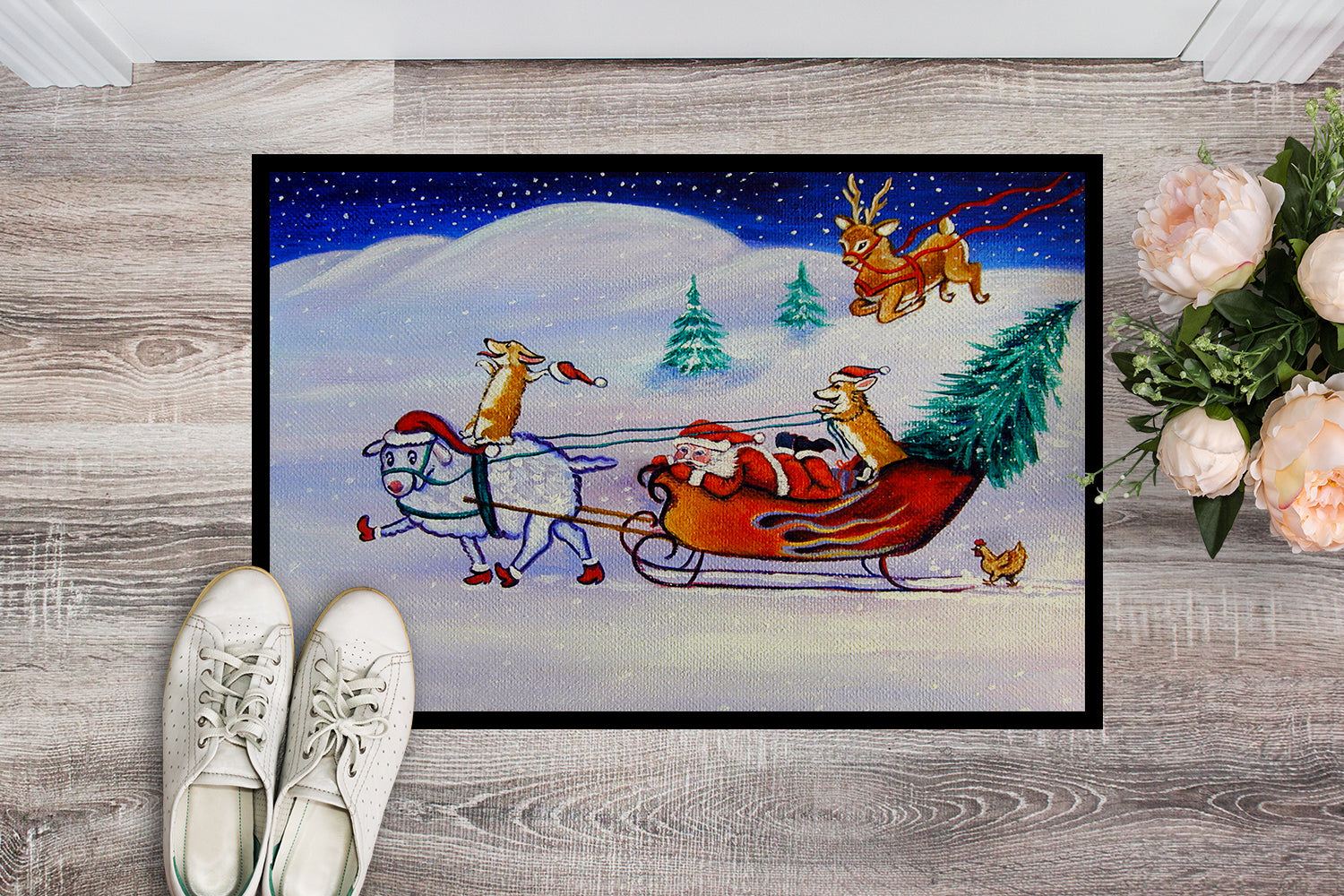 Corgi Highhacked Santa Claus Sleigh Doormat Indoor Outdoor 24H X 36W Front Door Mat Rugs for Entryway, Non Slip Washable Low Pile,