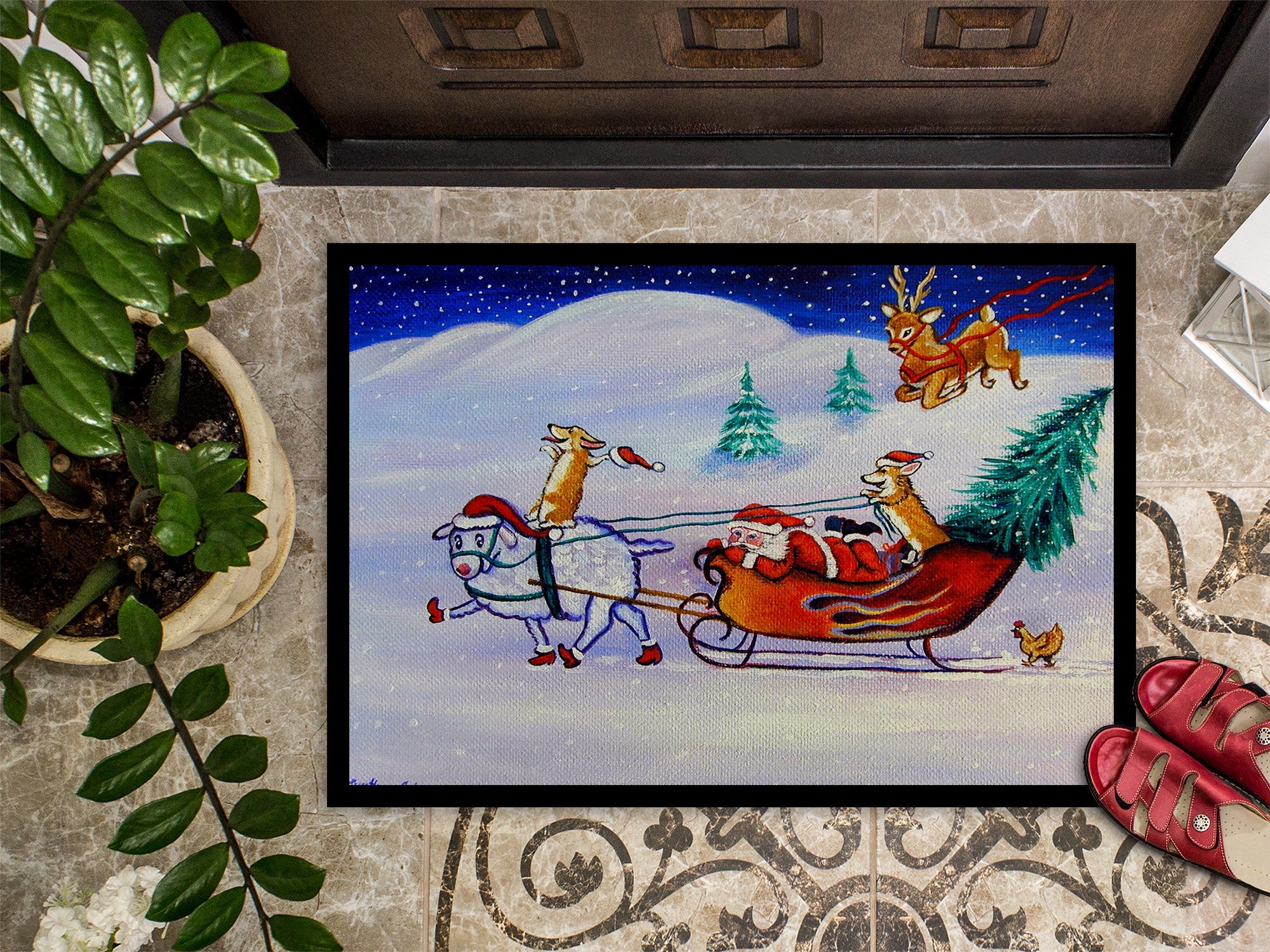 Corgi Highhacked Santa Claus Sleigh Doormat Indoor Outdoor 24H X 36W Front Door Mat Rugs for Entryway, Non Slip Washable Low Pile,