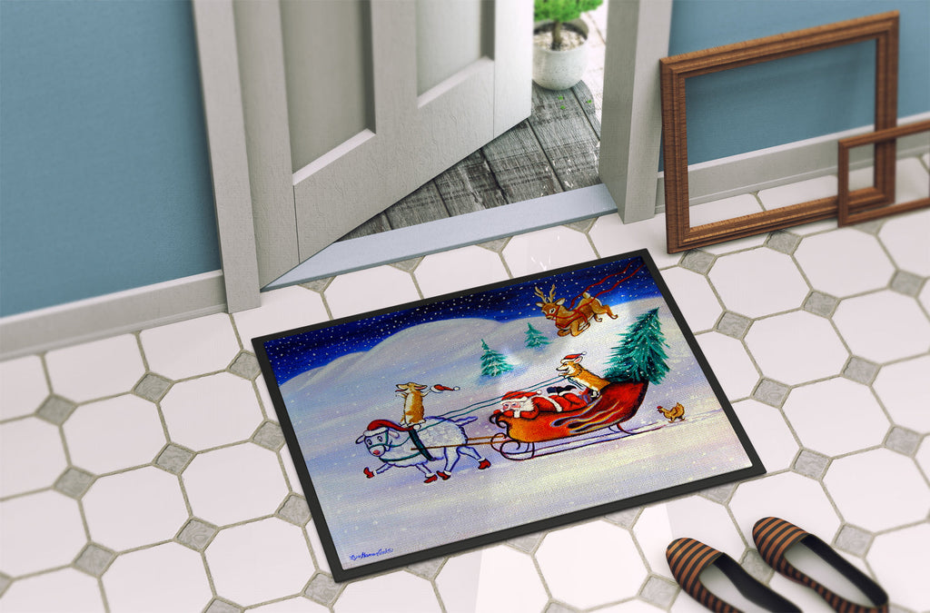 Corgi Highhacked Santa Claus Sleigh Doormat Indoor Outdoor 24H X 36W Front Door Mat Rugs for Entryway, Non Slip Washable Low Pile,