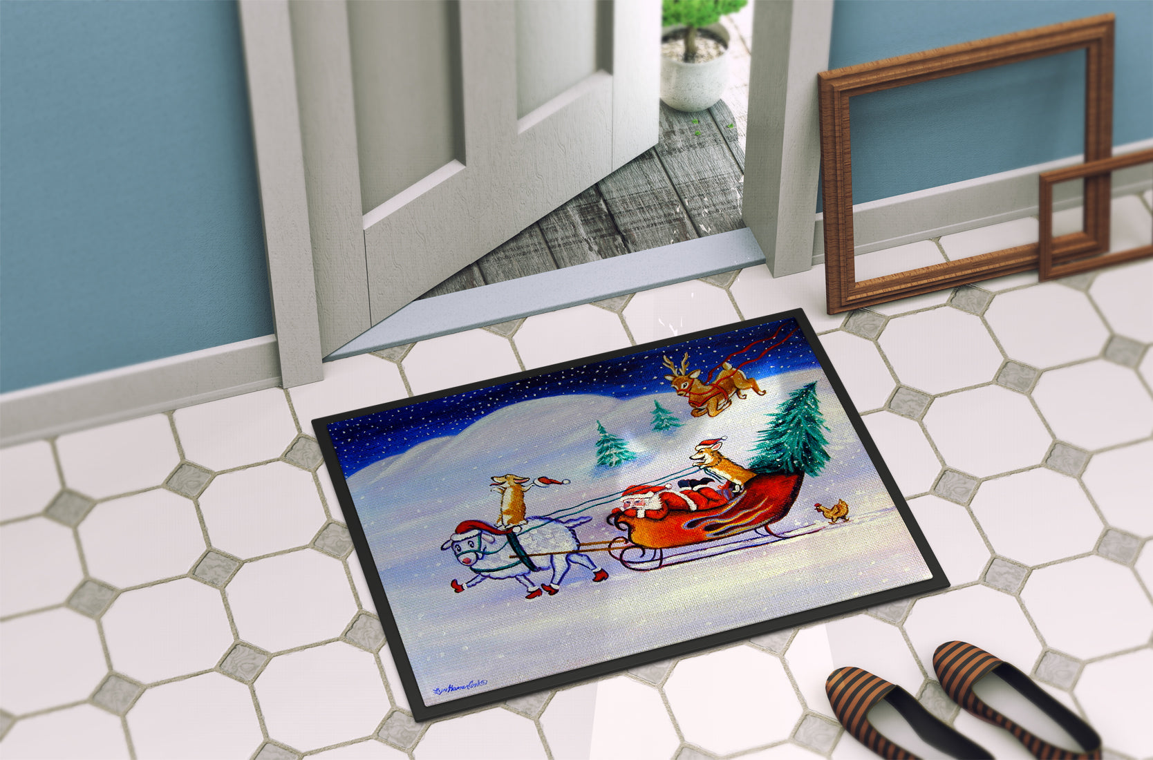 Corgi Highhacked Santa Claus Sleigh Doormat Indoor Outdoor 24H X 36W Front Door Mat Rugs for Entryway, Non Slip Washable Low Pile,