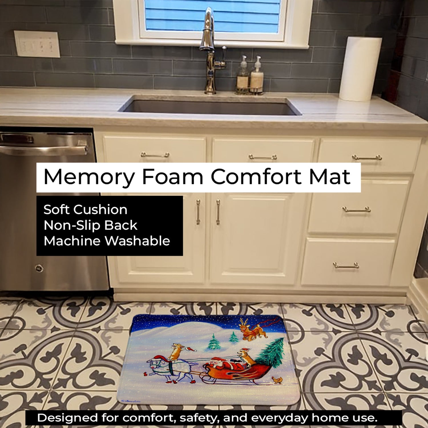 Corgi Highhacked Santa Claus Sleigh Memory Foam Kitchen Mat Machine Washable Anti-Fatigue Cushion Comfort Bath or Kitchen Rug