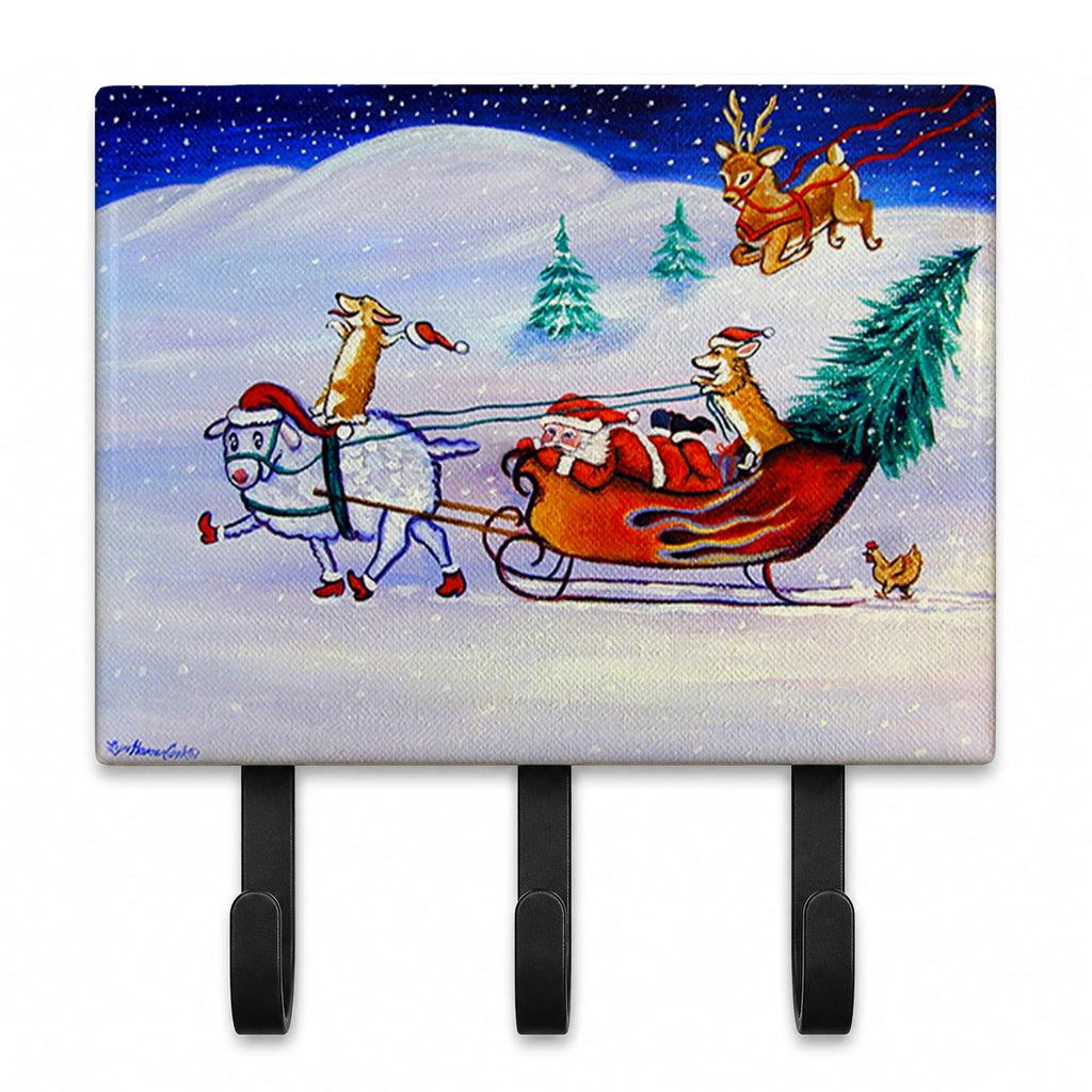 Corgi Highhacked Santa Claus Sleigh Leash or Key Holder Wall Hooks, Coat Rack Wall Mount, for Hanging Keys, Towels, Aprons, Leashes