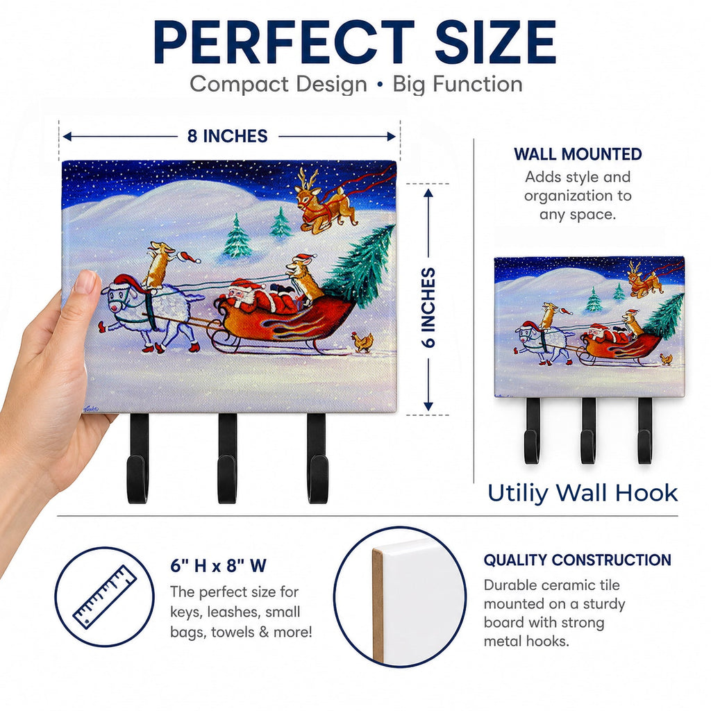 Corgi Highhacked Santa Claus Sleigh Leash or Key Holder Wall Hooks, Coat Rack Wall Mount, for Hanging Keys, Towels, Aprons, Leashes