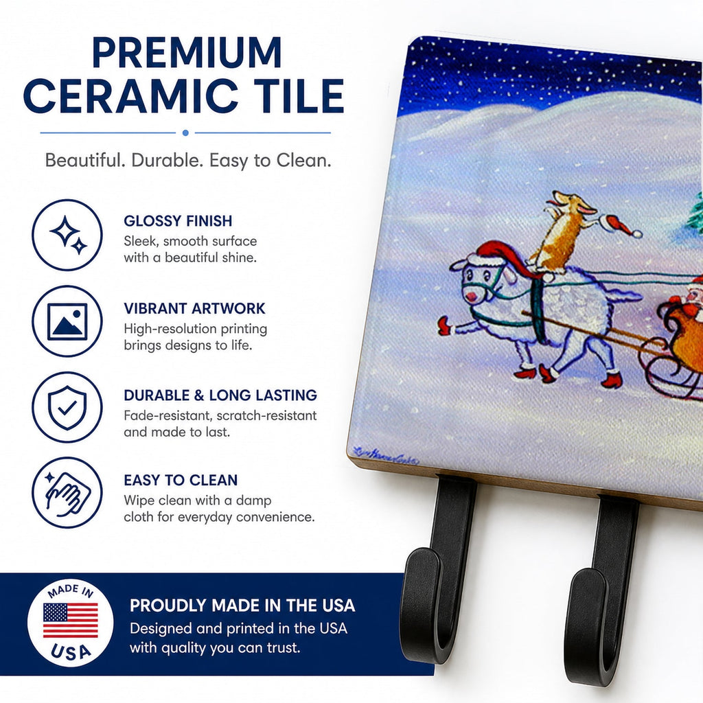 Corgi Highhacked Santa Claus Sleigh Leash or Key Holder Wall Hooks, Coat Rack Wall Mount, for Hanging Keys, Towels, Aprons, Leashes