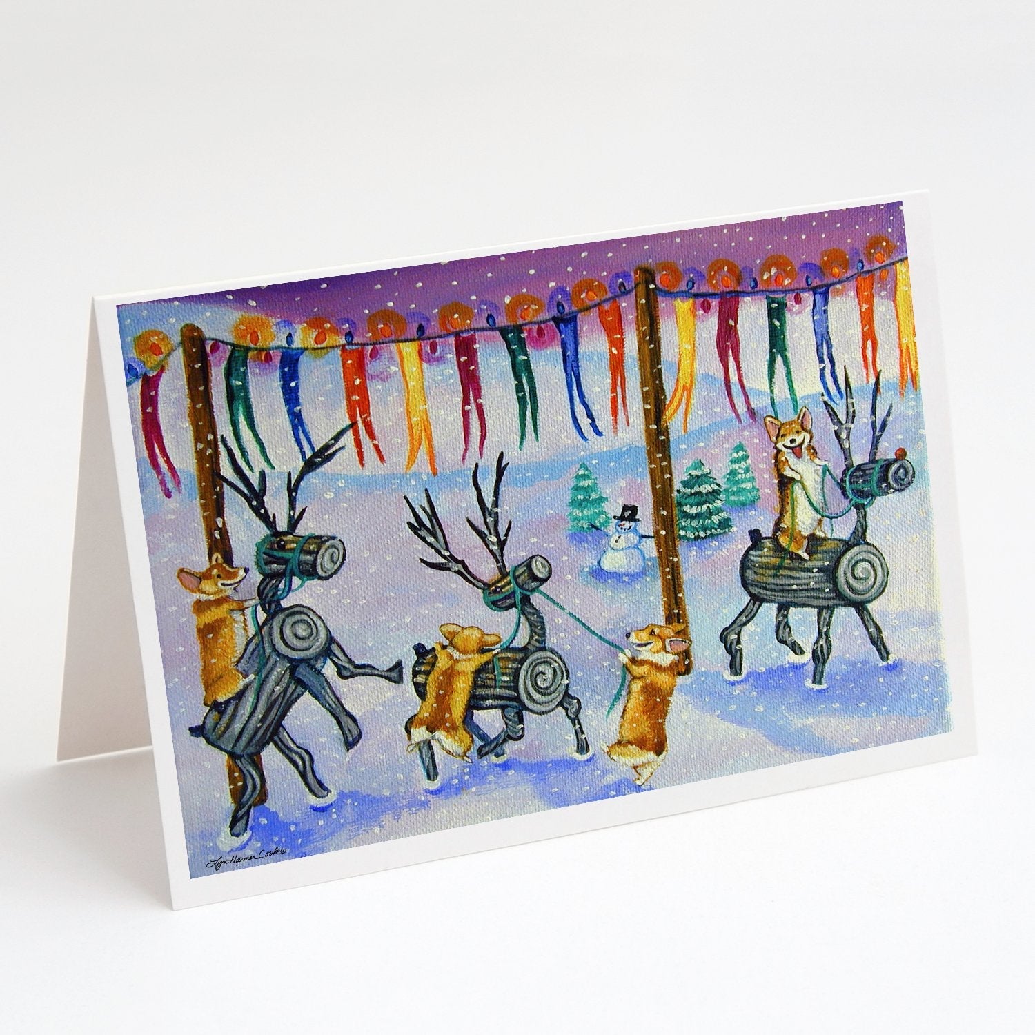 Corgi Log Reindeer Race Christmas Greeting Cards Pack of 8 Blank Cards with Envelopes Whimsical A7 Size 5x7