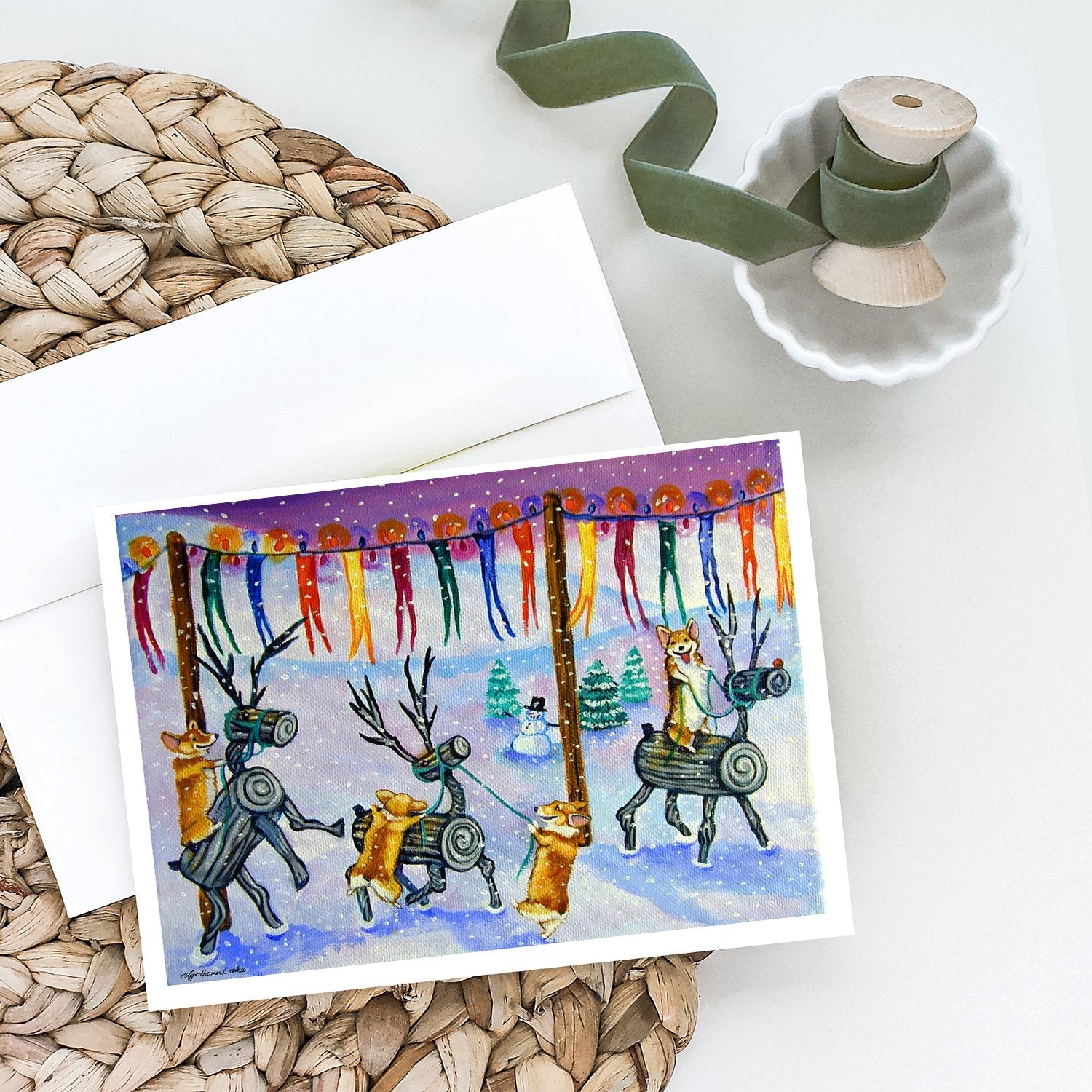 Corgi Log Reindeer Race Christmas Greeting Cards Pack of 8 Blank Cards with Envelopes Whimsical A7 Size 5x7