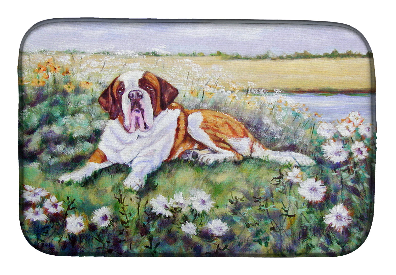 Saint Bernard in Flowers Dish Drying Mat Absorbent Dish Drying Mat Pad for Kitchen Counter Dish Drainer Mat for Countertop, 14 x 21", Multicolor