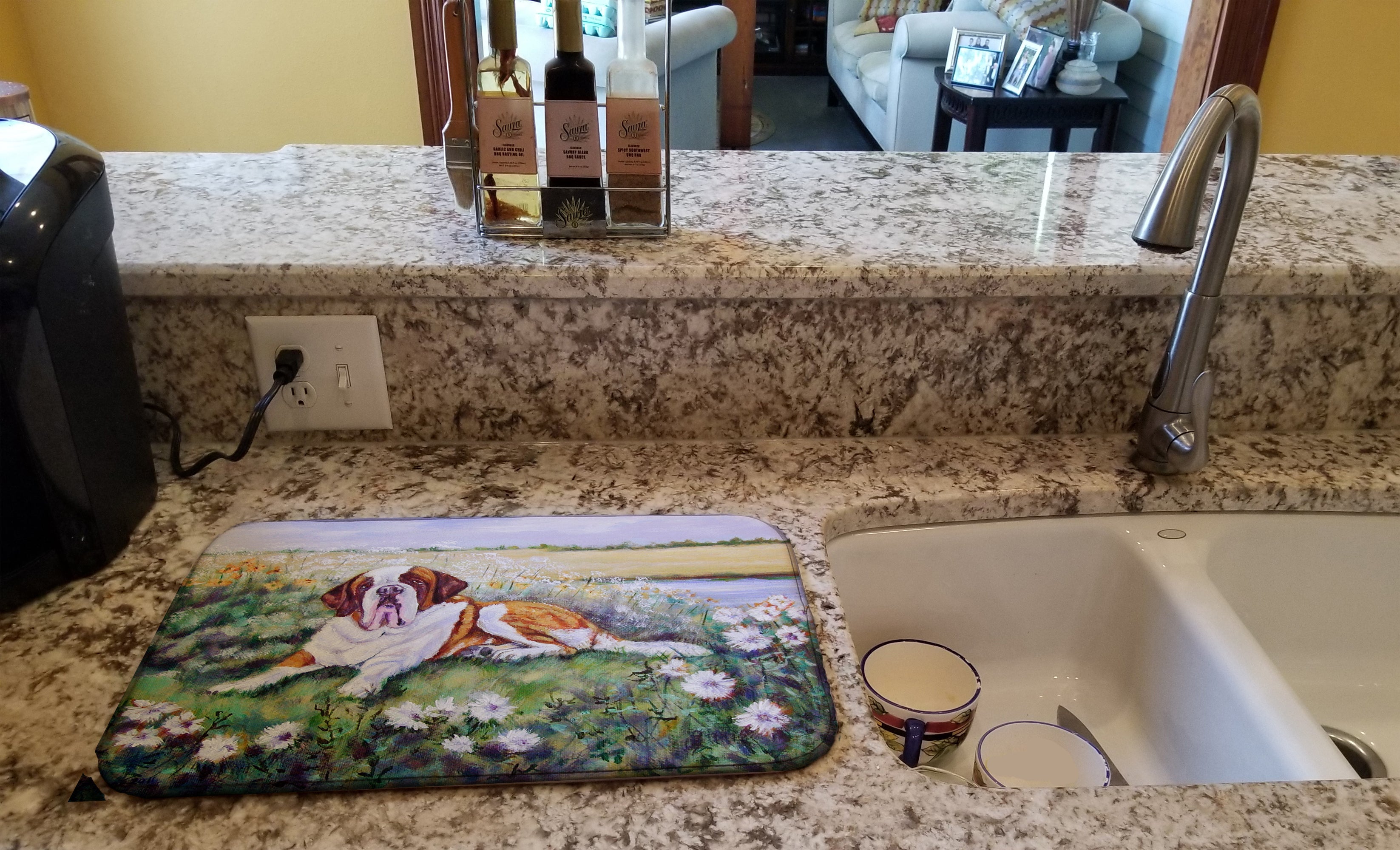 Saint Bernard in Flowers Dish Drying Mat Absorbent Dish Drying Mat Pad for Kitchen Counter Dish Drainer Mat for Countertop, 14 x 21", Multicolor