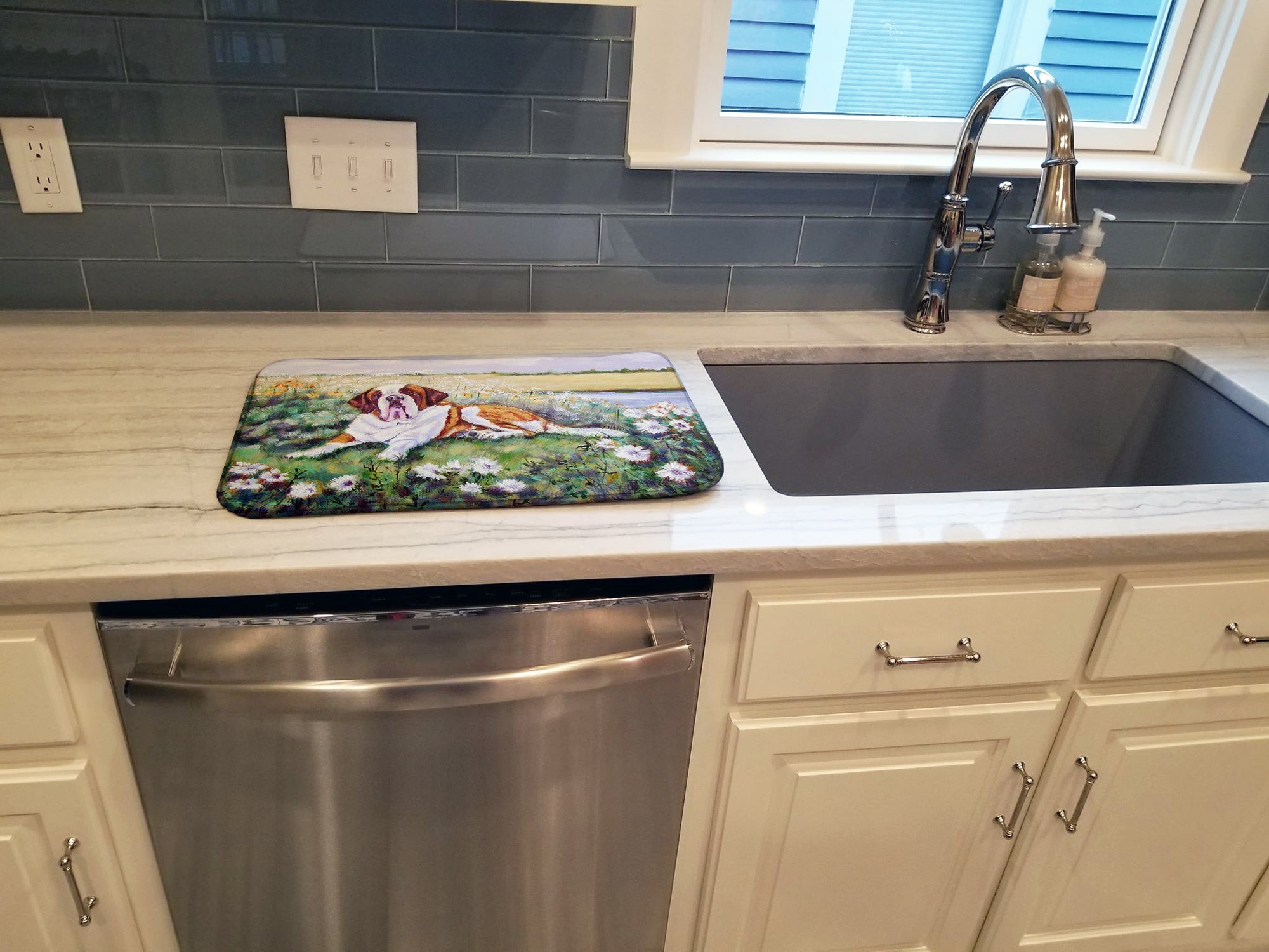 Saint Bernard in Flowers Dish Drying Mat Absorbent Dish Drying Mat Pad for Kitchen Counter Dish Drainer Mat for Countertop, 14 x 21", Multicolor