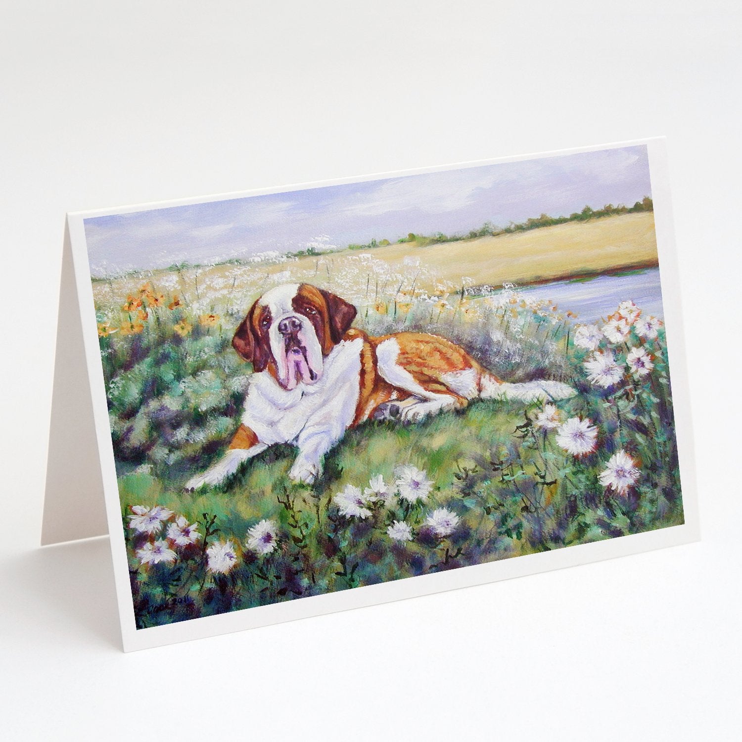 Saint Bernard in Flowers Greeting Cards Pack of 8 Blank Cards with Envelopes Whimsical A7 Size 5x7