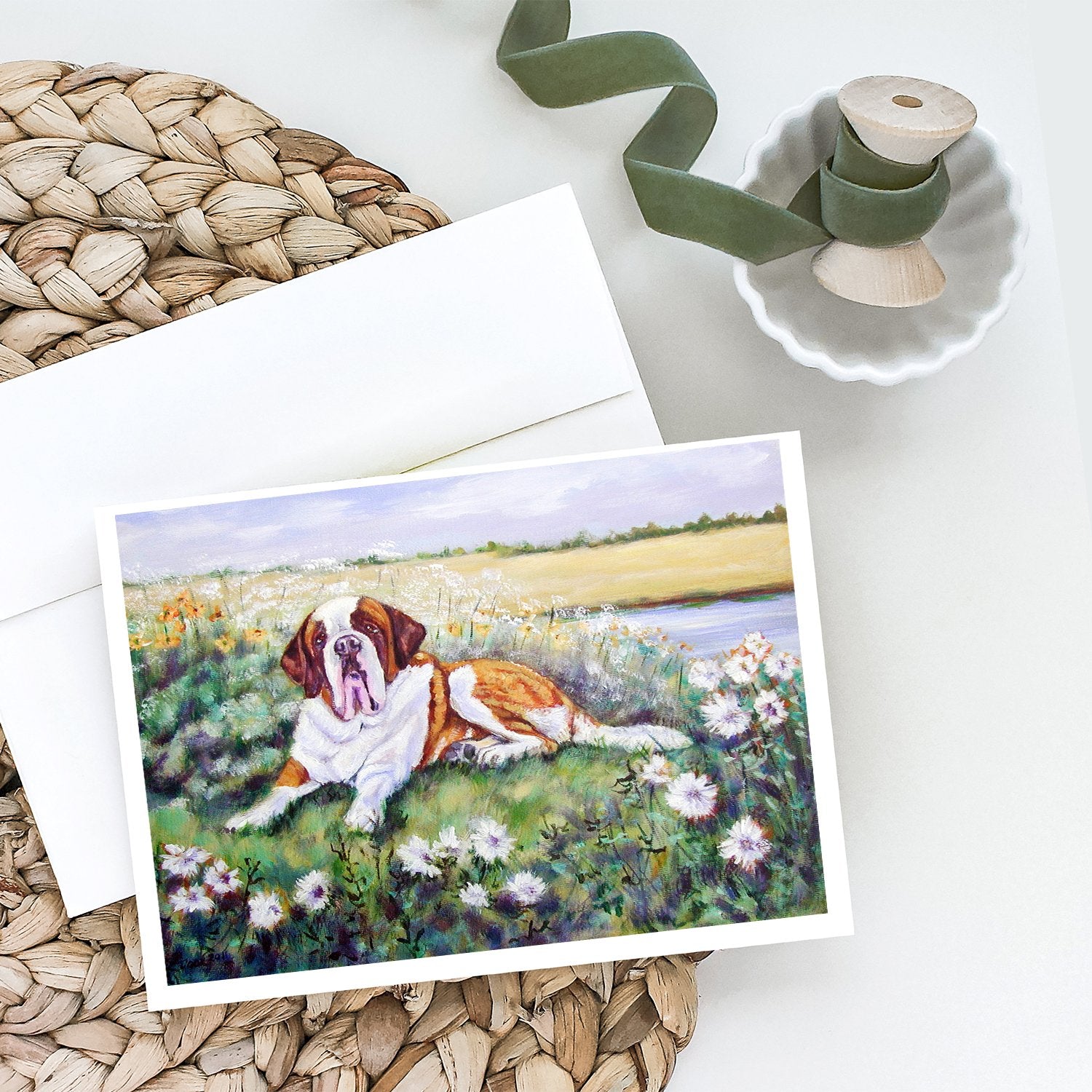 Saint Bernard in Flowers Greeting Cards Pack of 8 Blank Cards with Envelopes Whimsical A7 Size 5x7